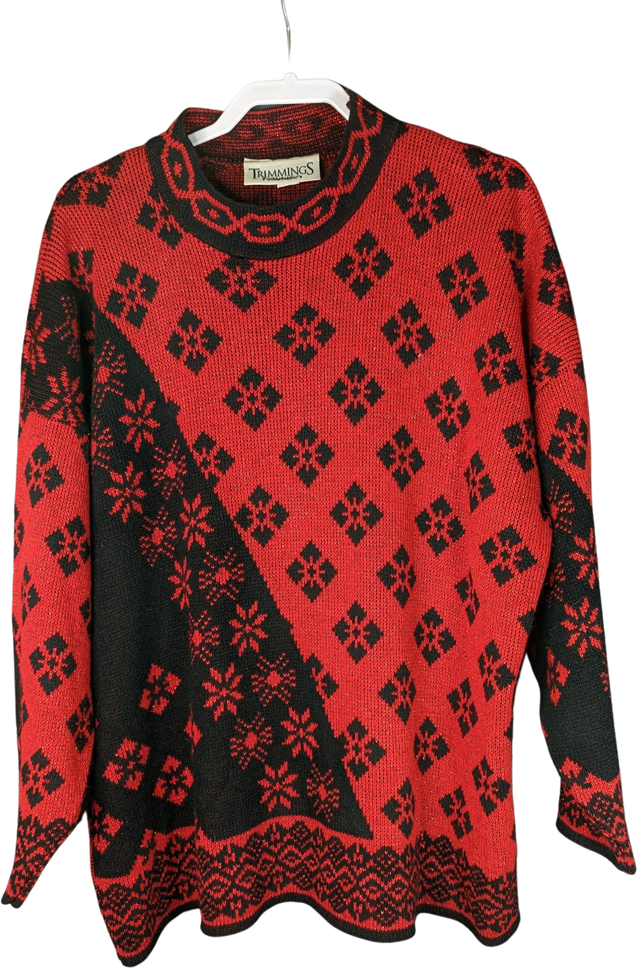 90s Red Black Sparkly Sweater Snowflakes Tunic By Trimmings