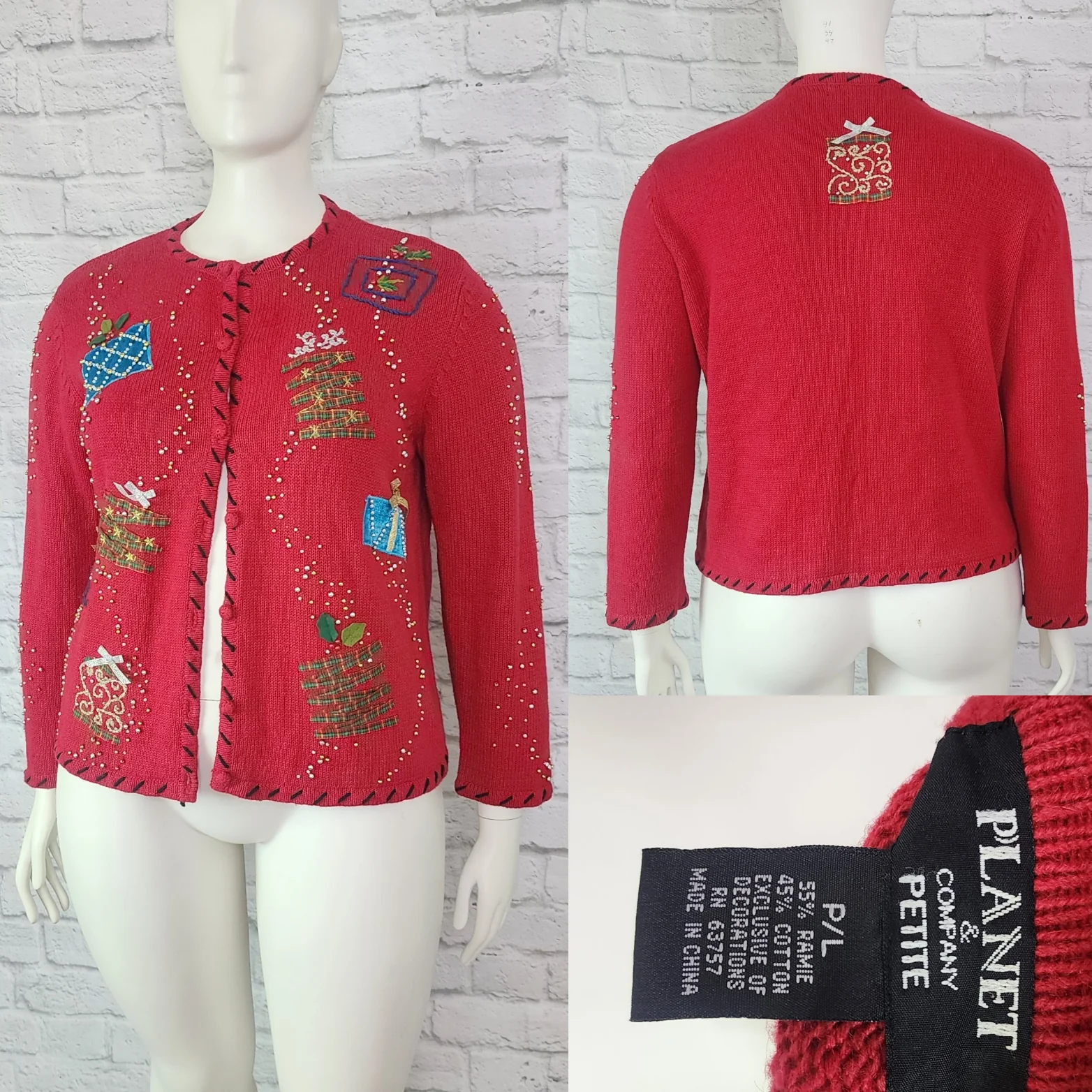 90s Red Christmas Sweater Beaded Appliques Gifts - Image 3