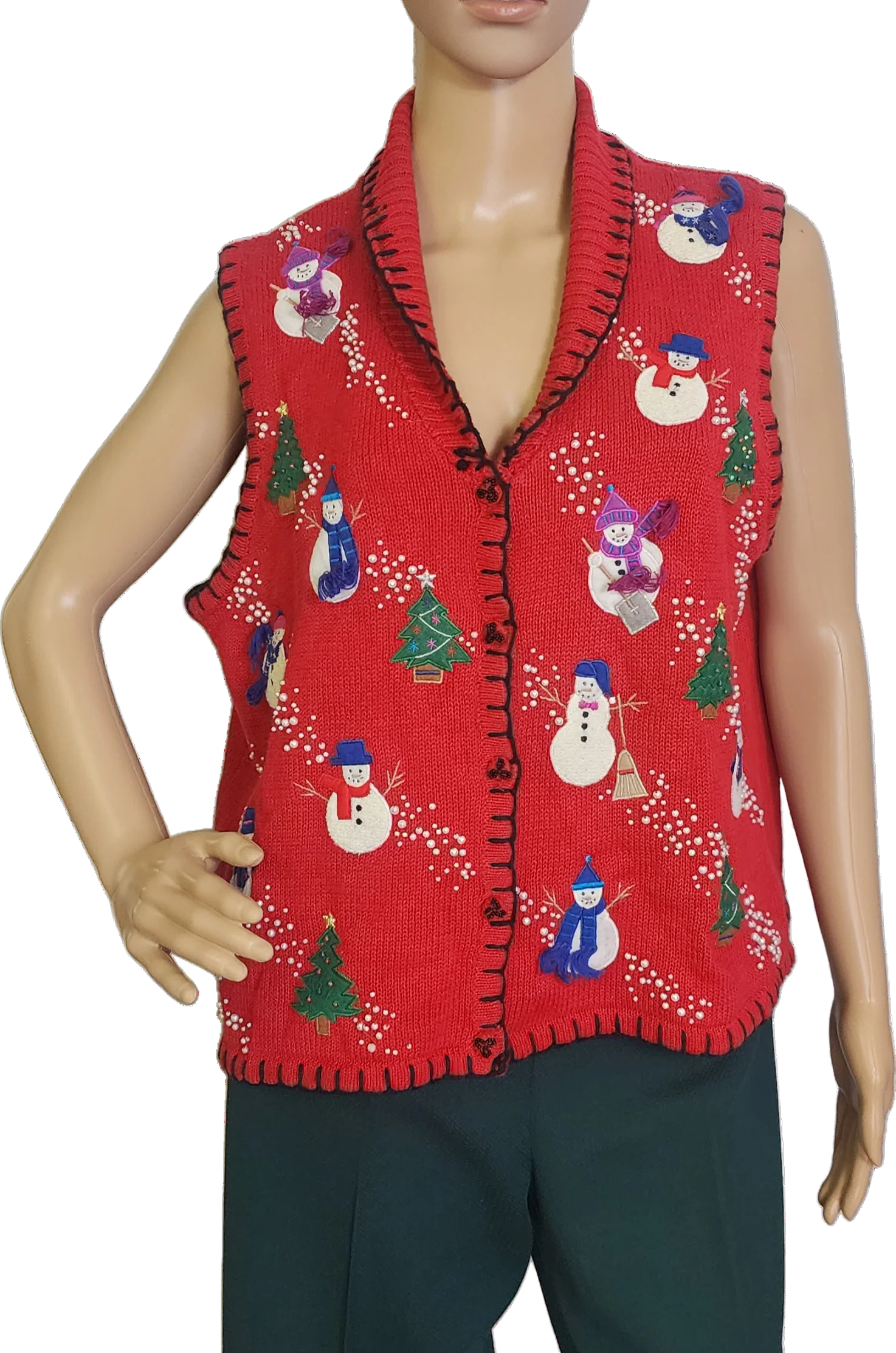 90s Red Christmas Vest Beaded Applique Snowmen