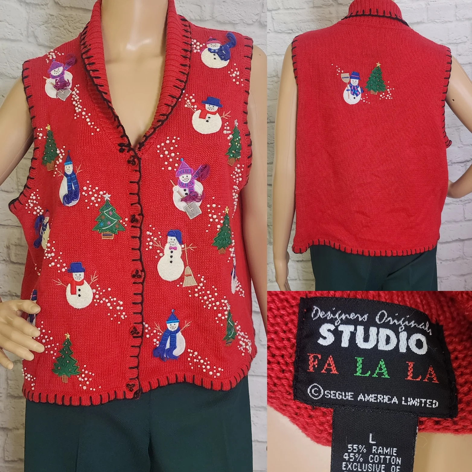 90s Red Christmas Vest Beaded Applique Snowmen - Image 3