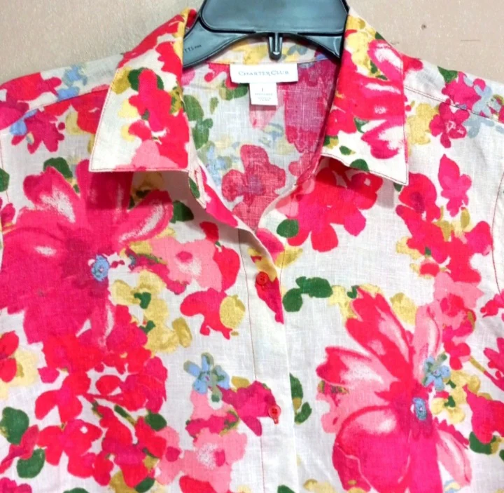 90s Red Cream Floral Linen Tunic Top By Charter Club - Image 3