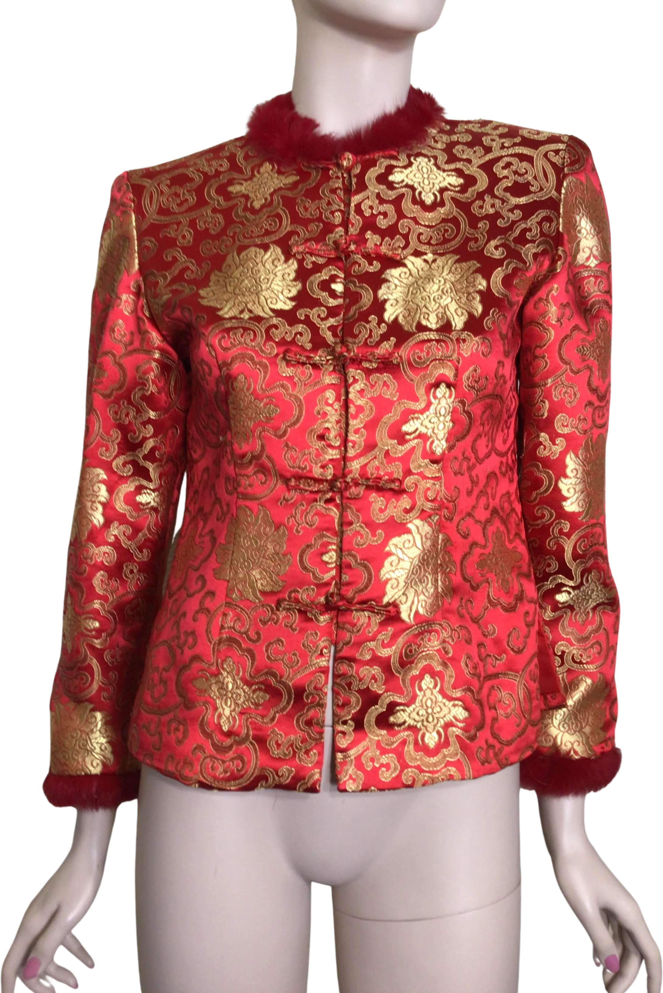 90s Red Gold  Brocade Faux Fur Collar Cuff Jacket