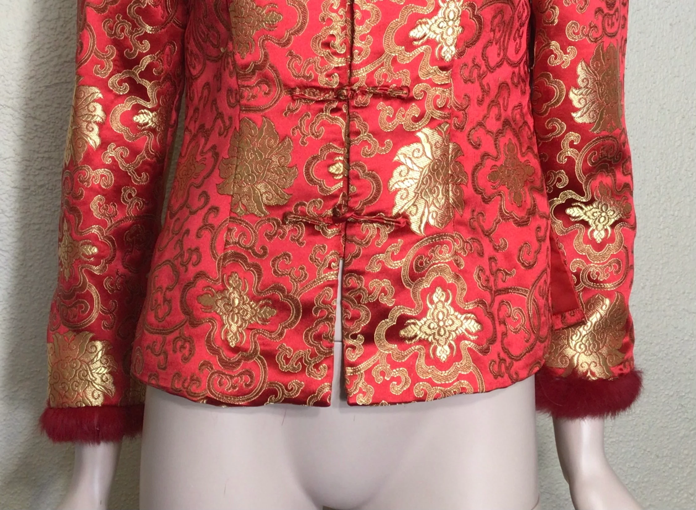 90s Red Gold  Brocade Faux Fur Collar Cuff Jacket - Image 3