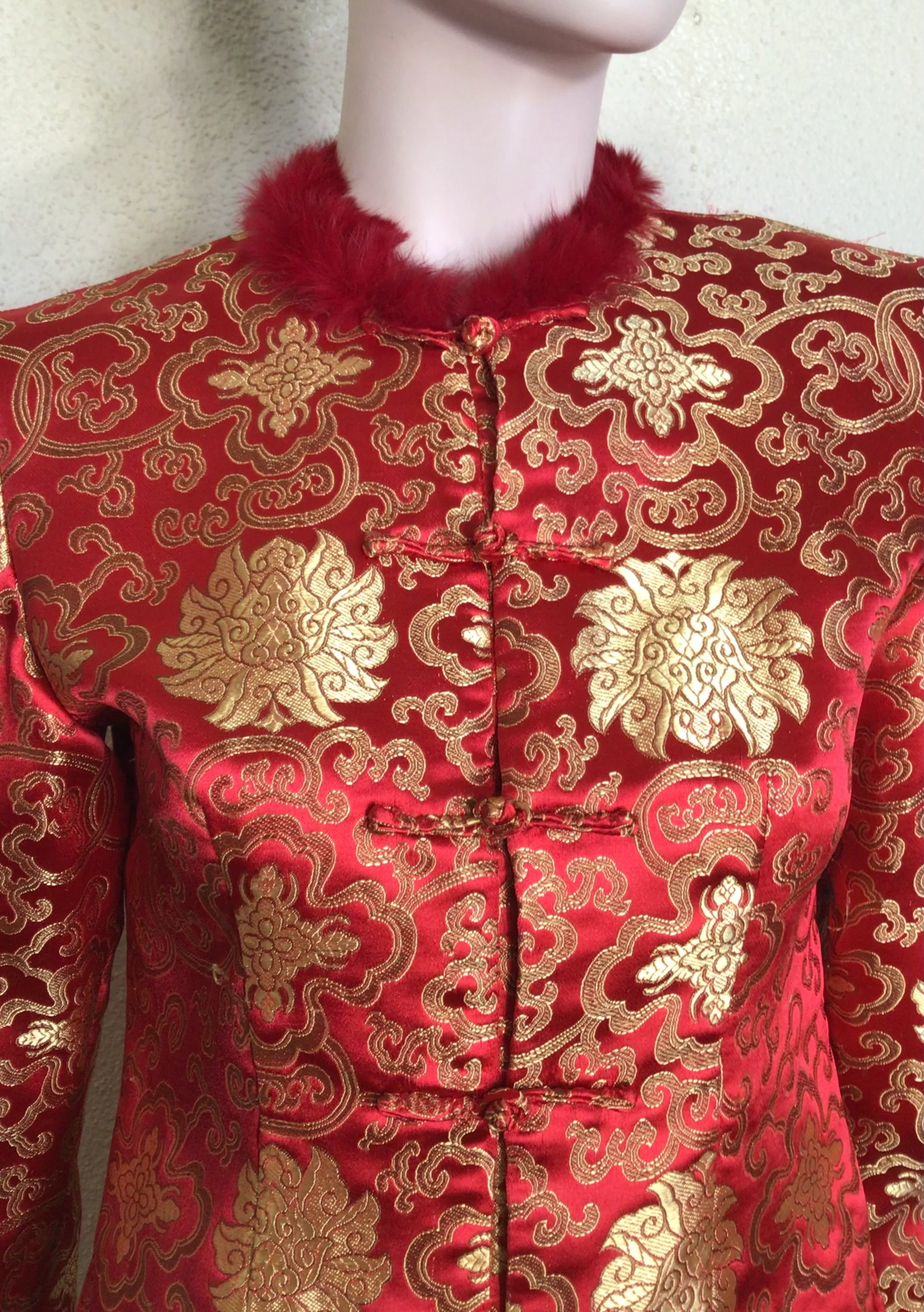 90s Red Gold  Brocade Faux Fur Collar Cuff Jacket - Image 4