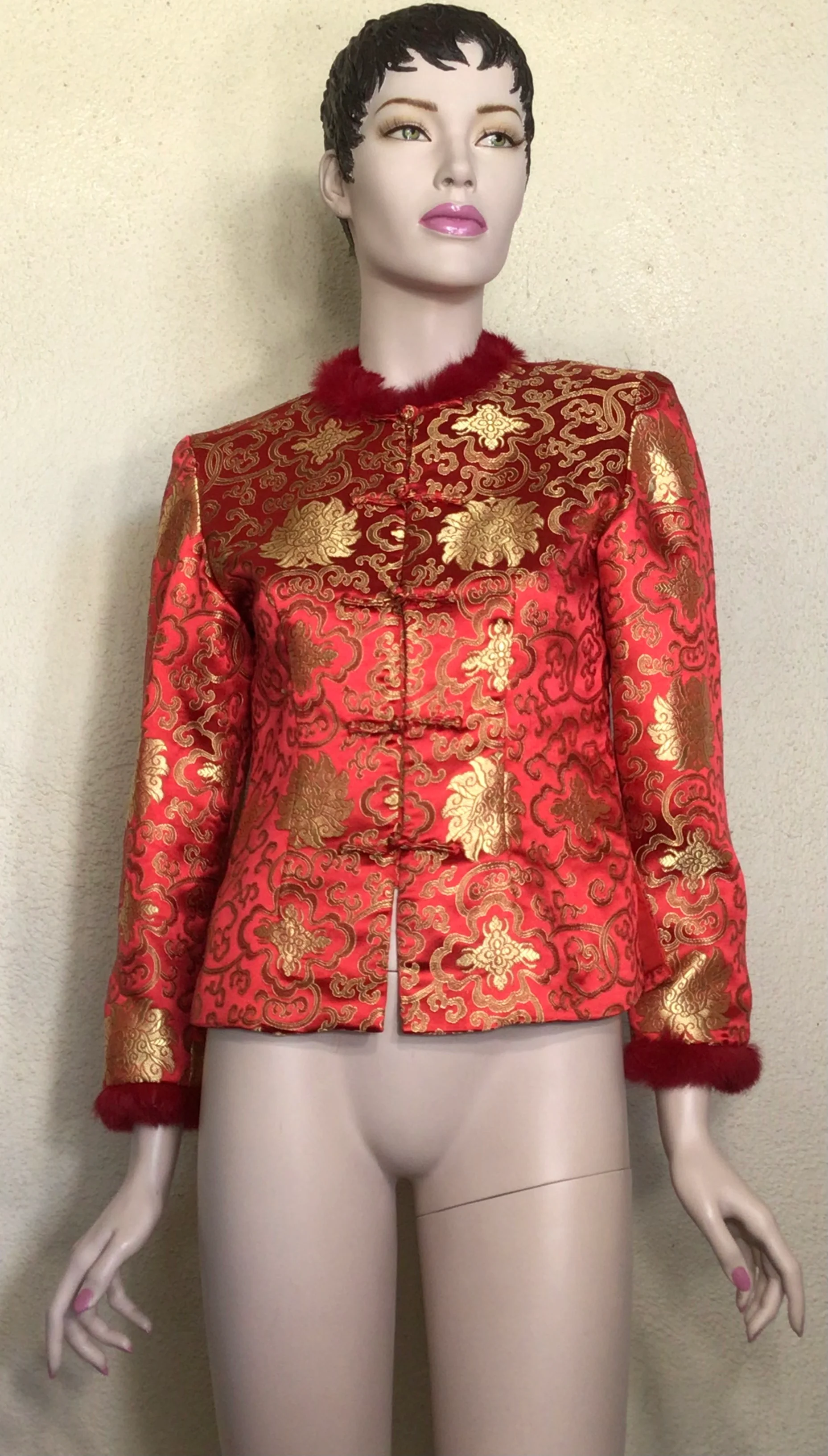 90s Red Gold  Brocade Faux Fur Collar Cuff Jacket - Image 5