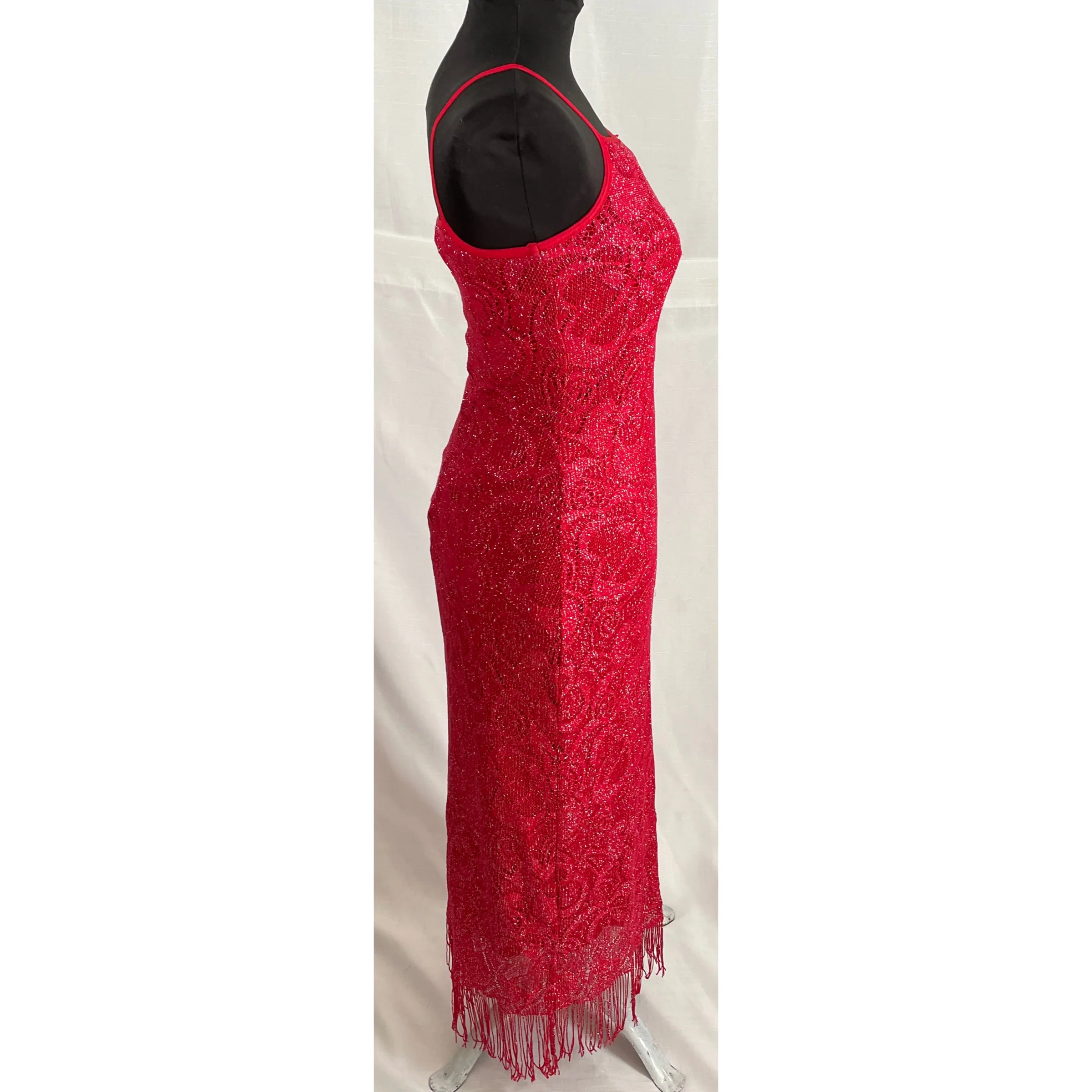 90s Red Metallic Mesh Maxi Bodycon Dress - Image 14