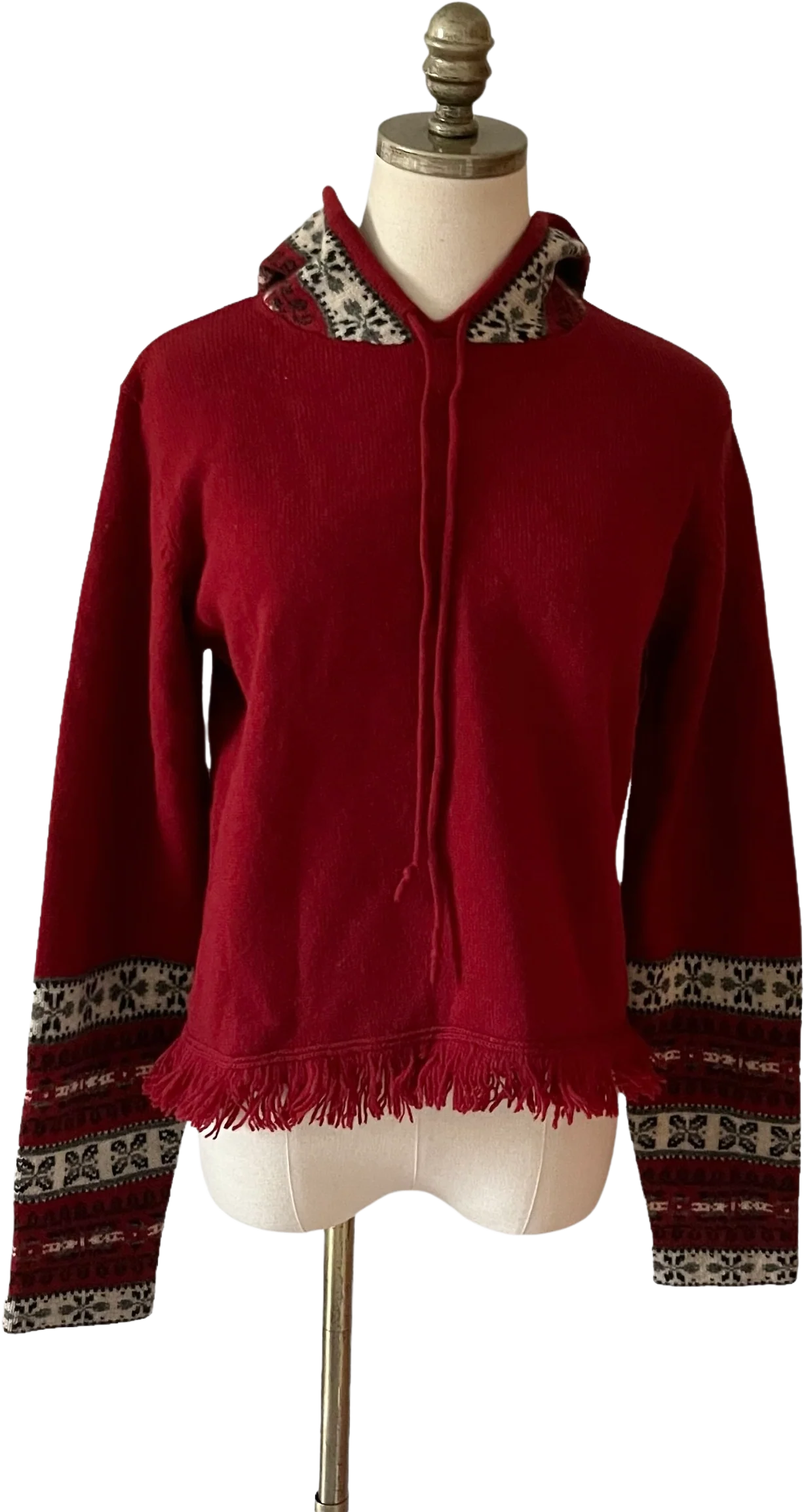 90s Red Nordic Fair Isle Knit Pom Pom Hooded Sweater By Eddie Bauer