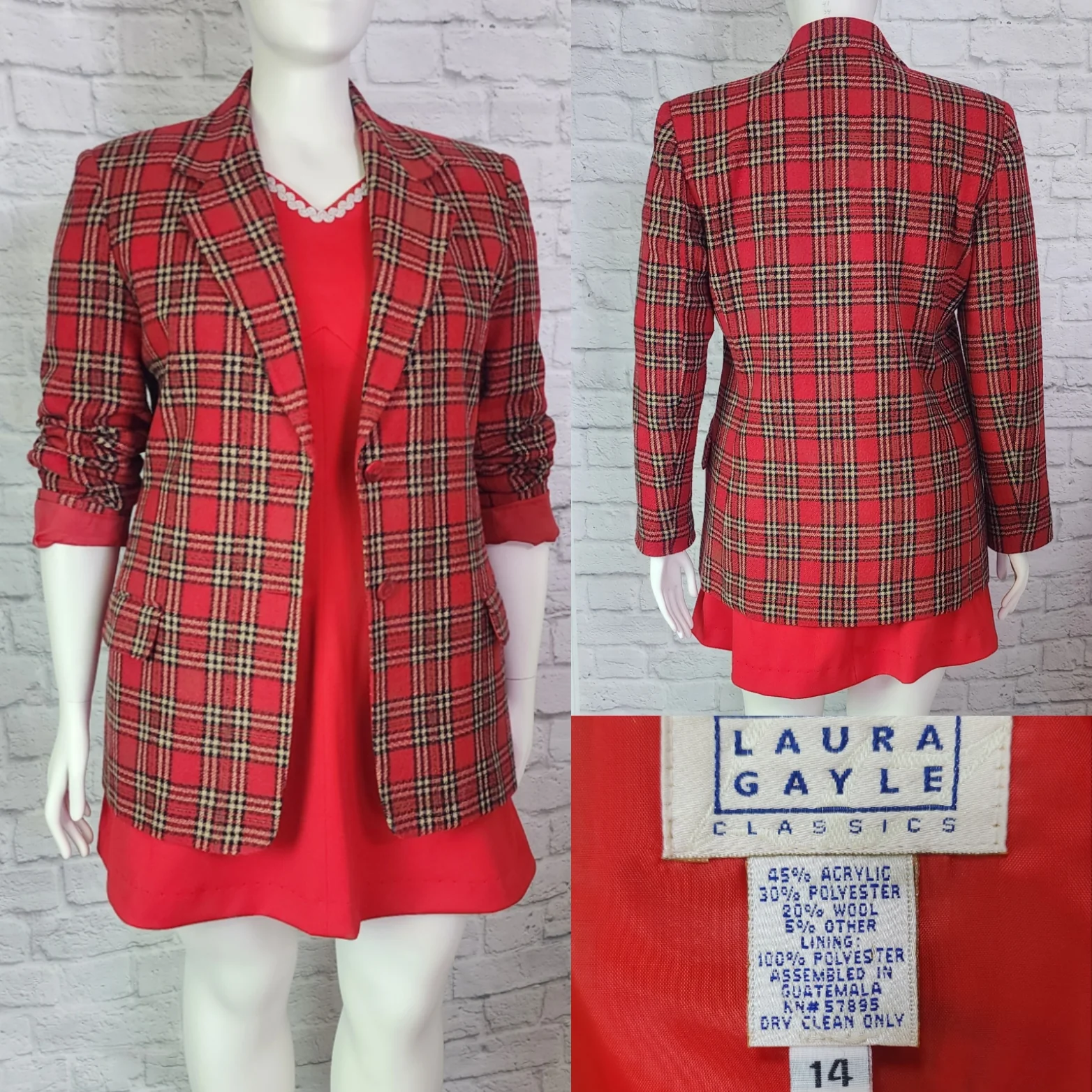 90s Red Plaid Blazer Suit Jacket Long Oversized Cut By Laura Gayle - Image 3