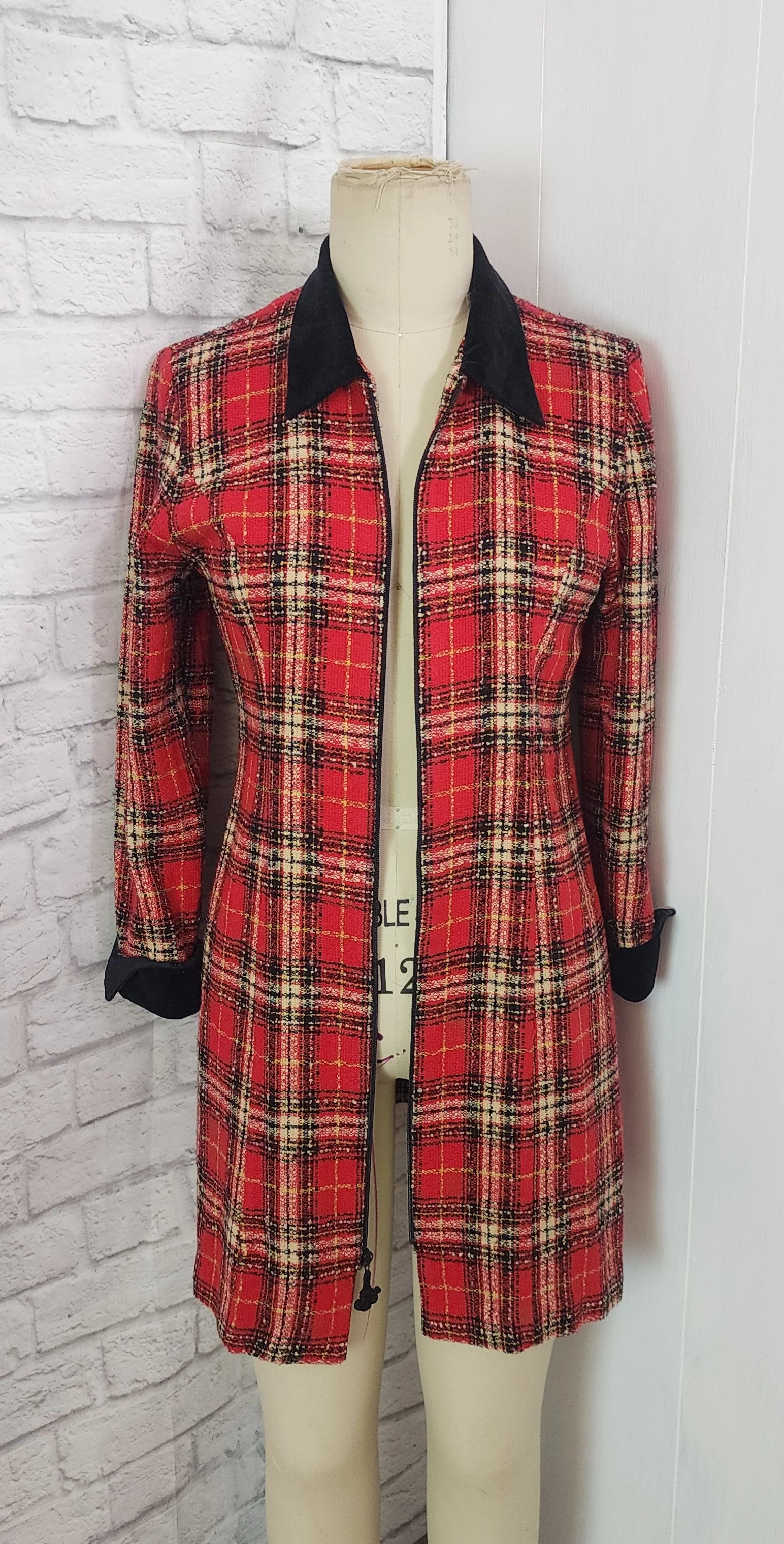 90s Red Plaid Jacket Dress Velvet Collar Cuffs By Positive Attitude - Image 5