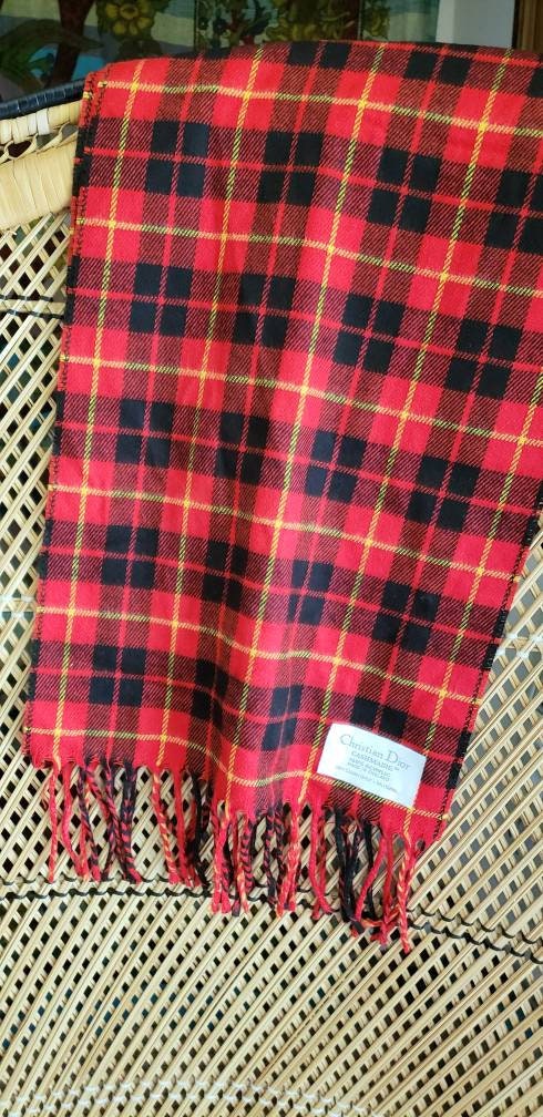 90s Red Plaid Scarf Acrylic by Christian Dior "Cashmarie" - Image 3