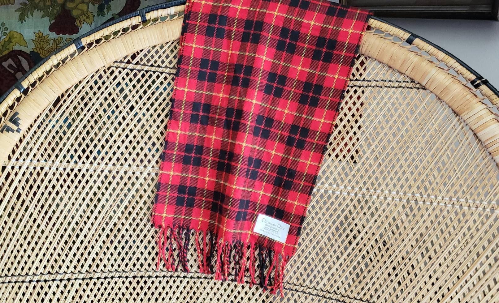 90s Red Plaid Scarf Acrylic by Christian Dior "Cashmarie" - Image 7