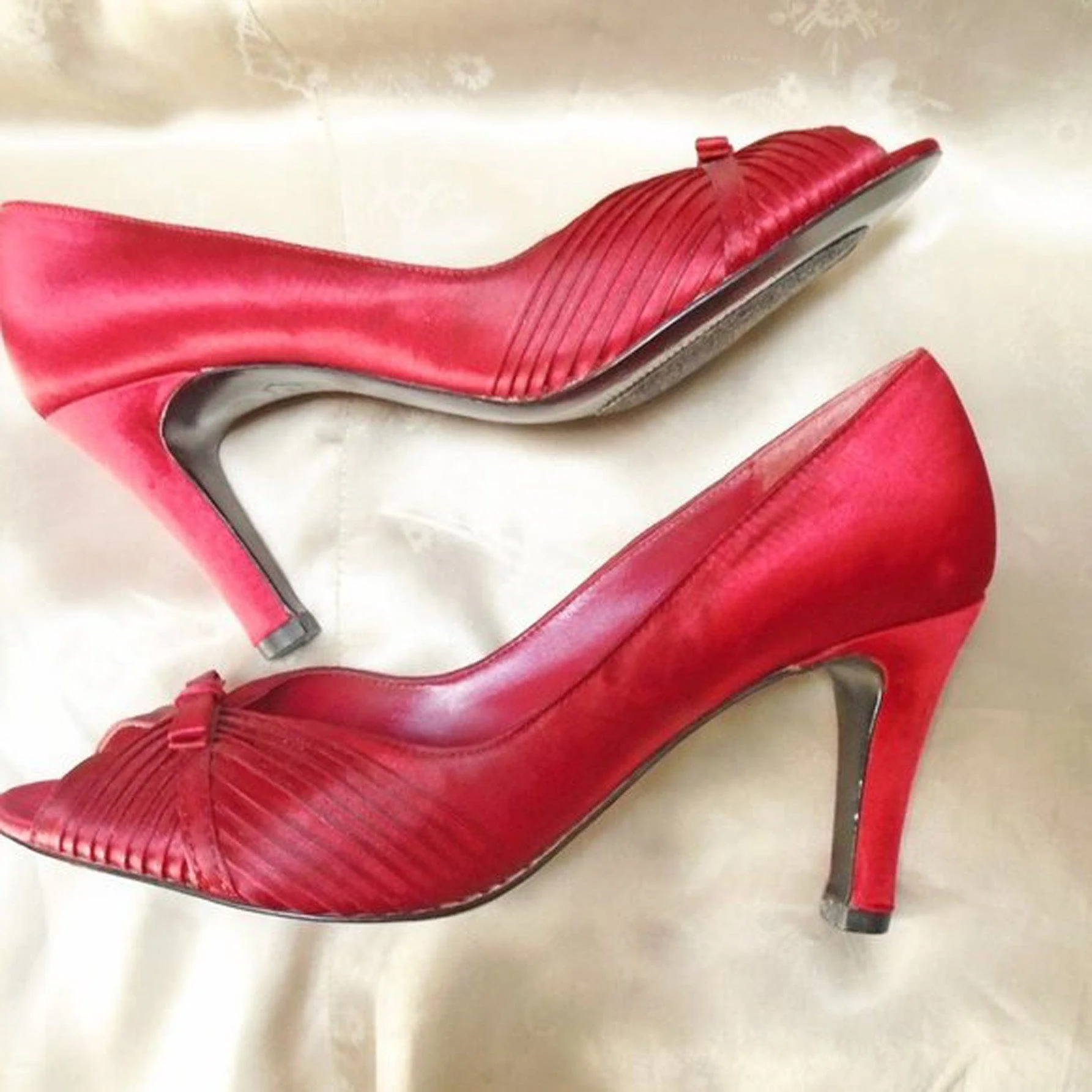 90s Red Satin Peeptoe Heels 4 Your Holiday Outfits By Kim Rogers - Image 4