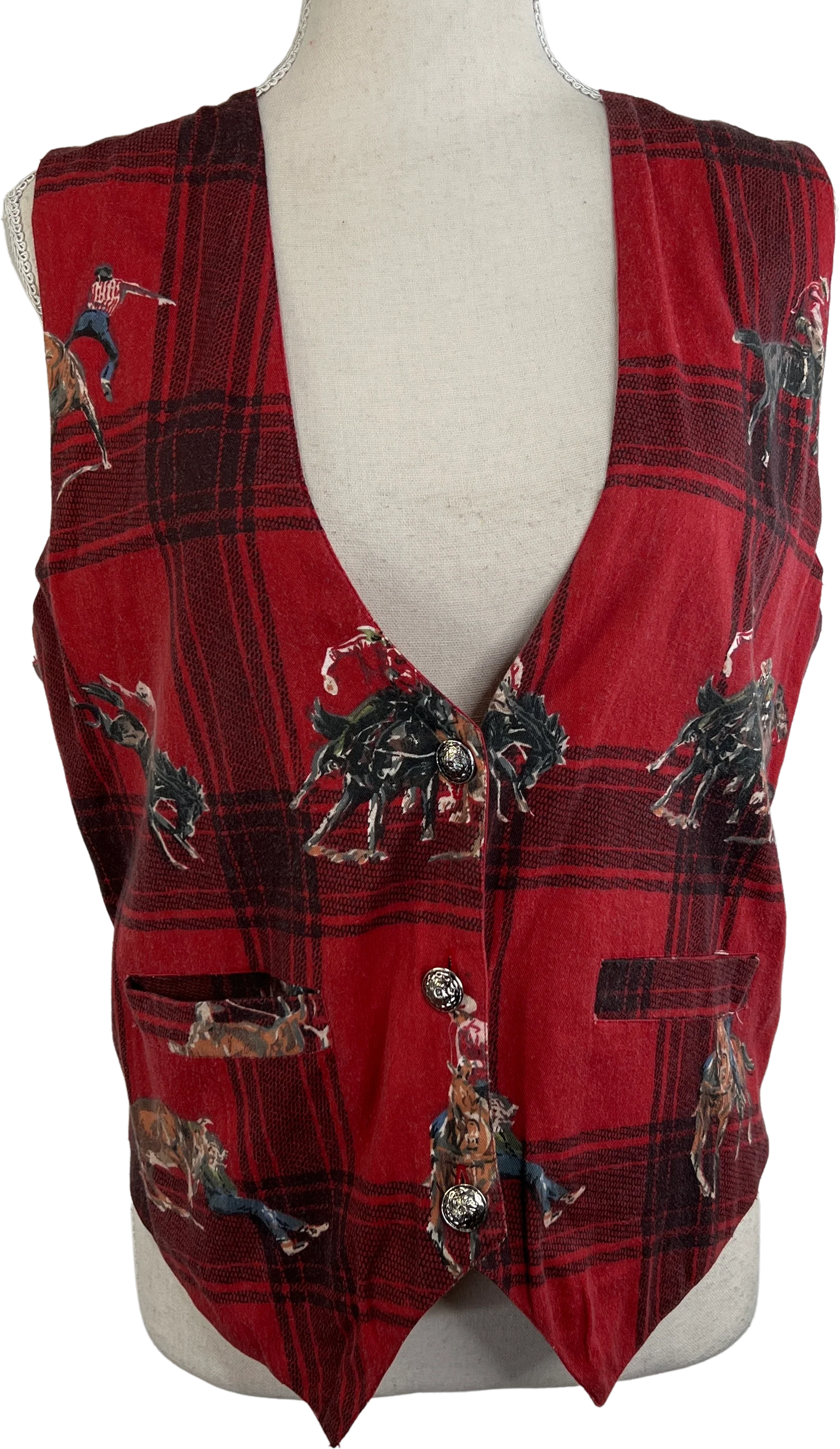 90s Red Western Plaid Rodeo Cowboy Vest by Atlast & Co