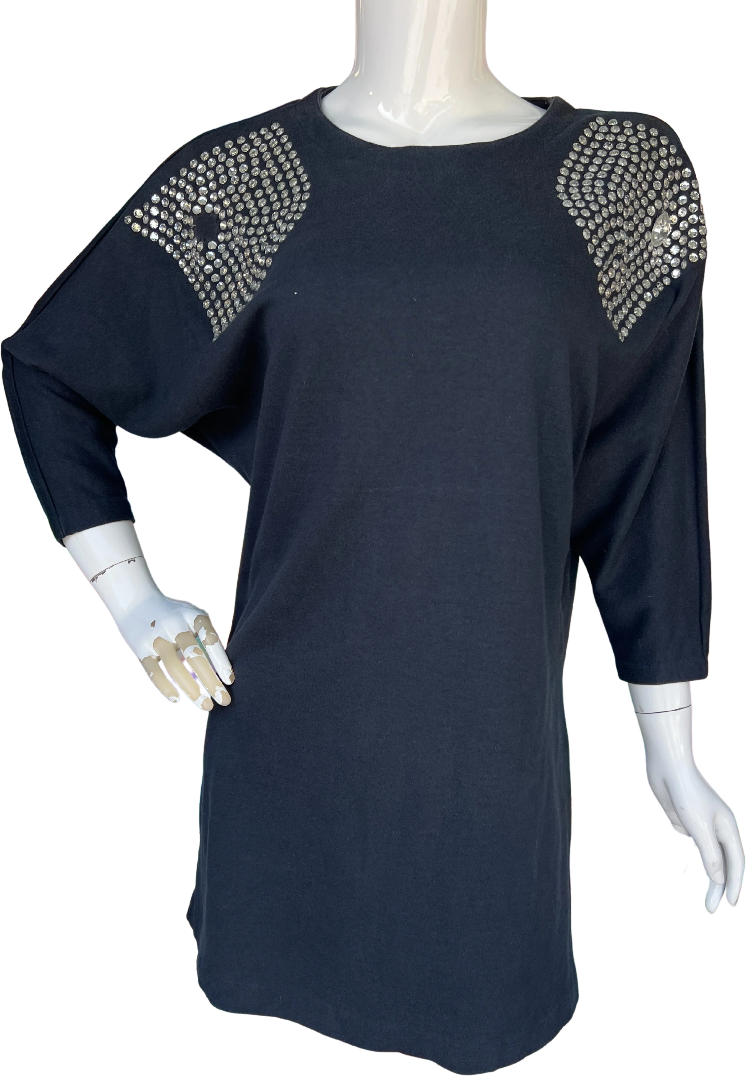 90s Rhinestone Decorated Black Cotton Mini Dress by Fini Lignarolo - Cache
