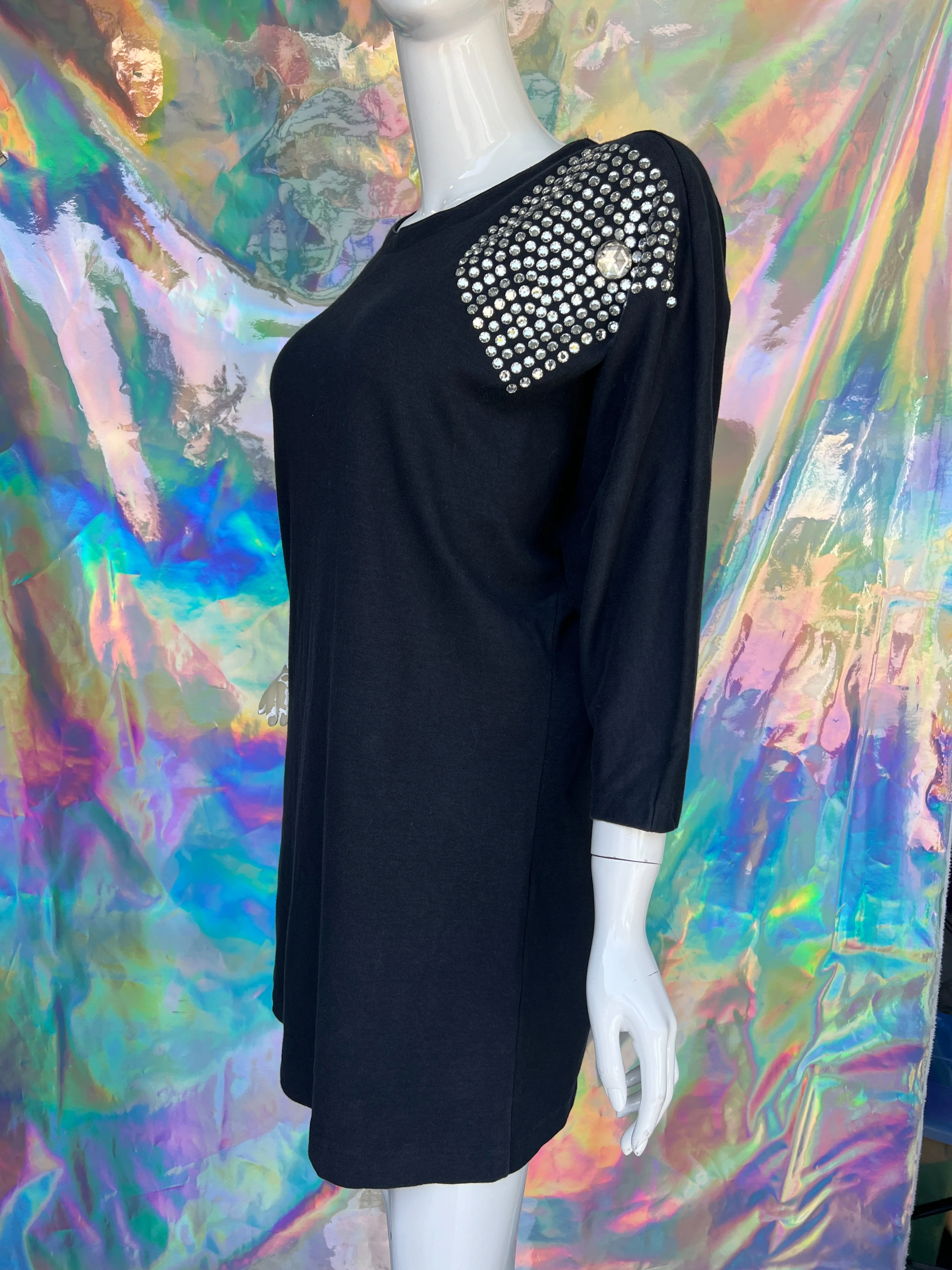 90s Rhinestone Decorated Black Cotton Mini Dress by Fini Lignarolo - Cache - Image 6