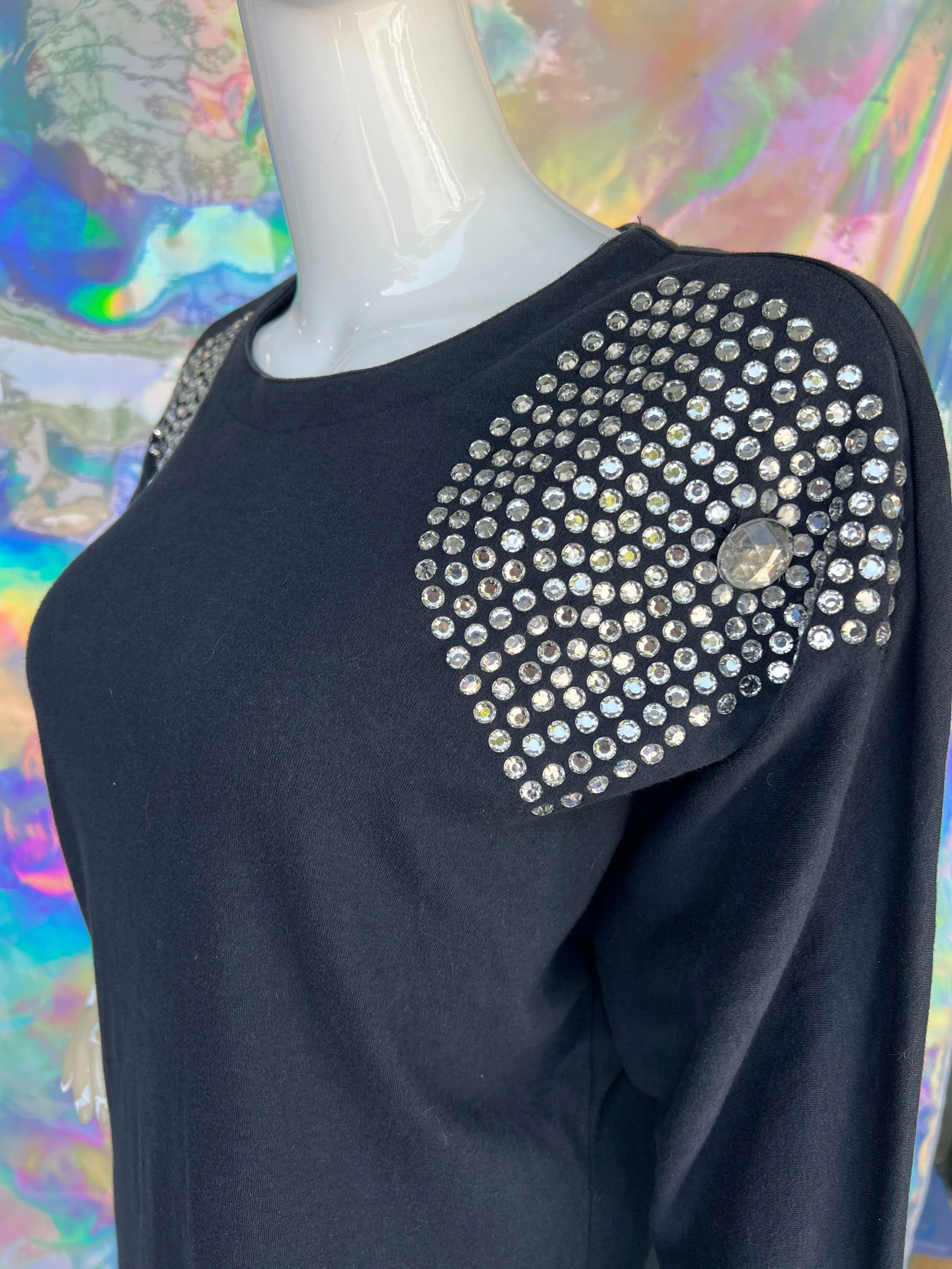 90s Rhinestone Decorated Black Cotton Mini Dress by Fini Lignarolo - Cache - Image 7