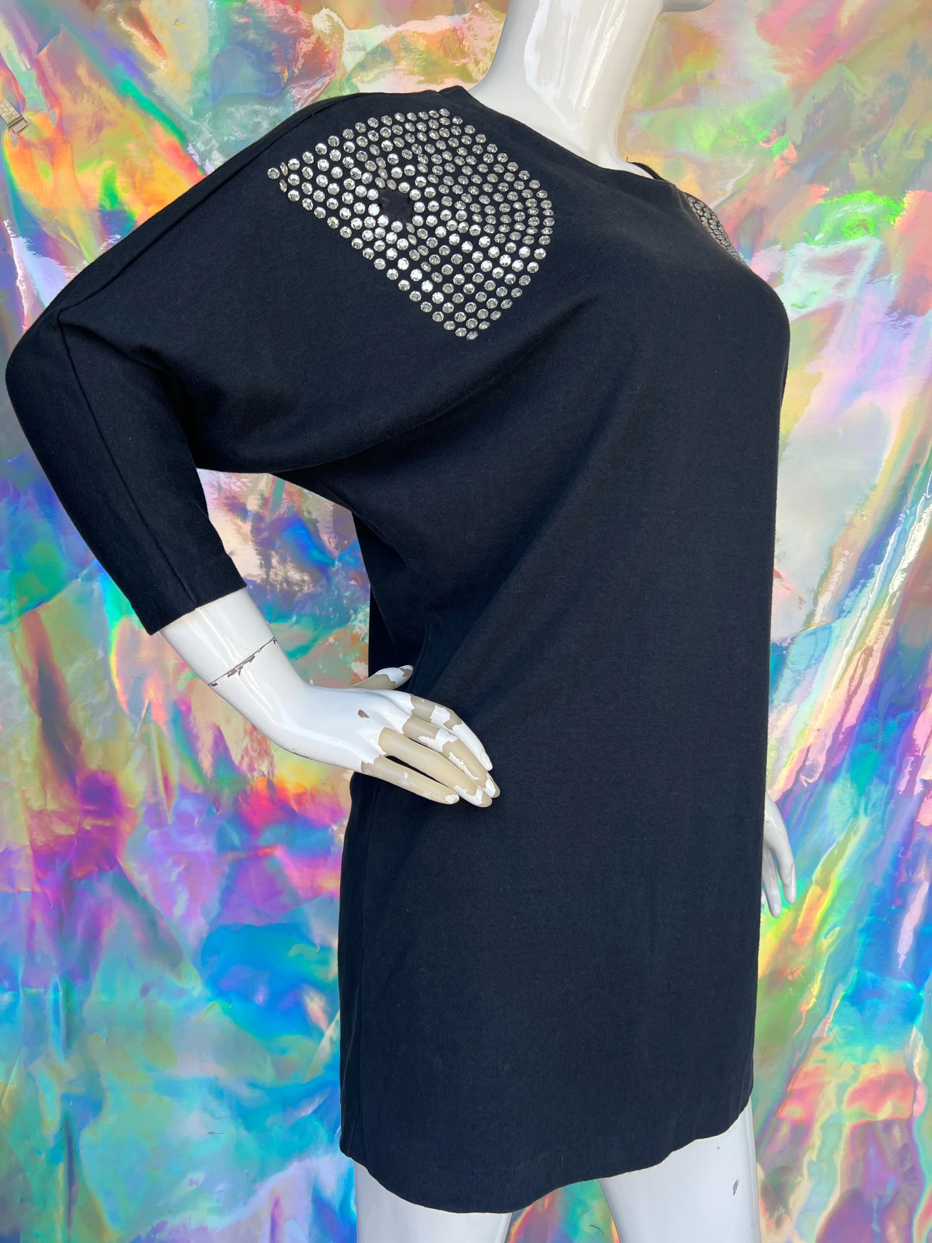 90s Rhinestone Decorated Black Cotton Mini Dress by Fini Lignarolo - Cache - Image 9