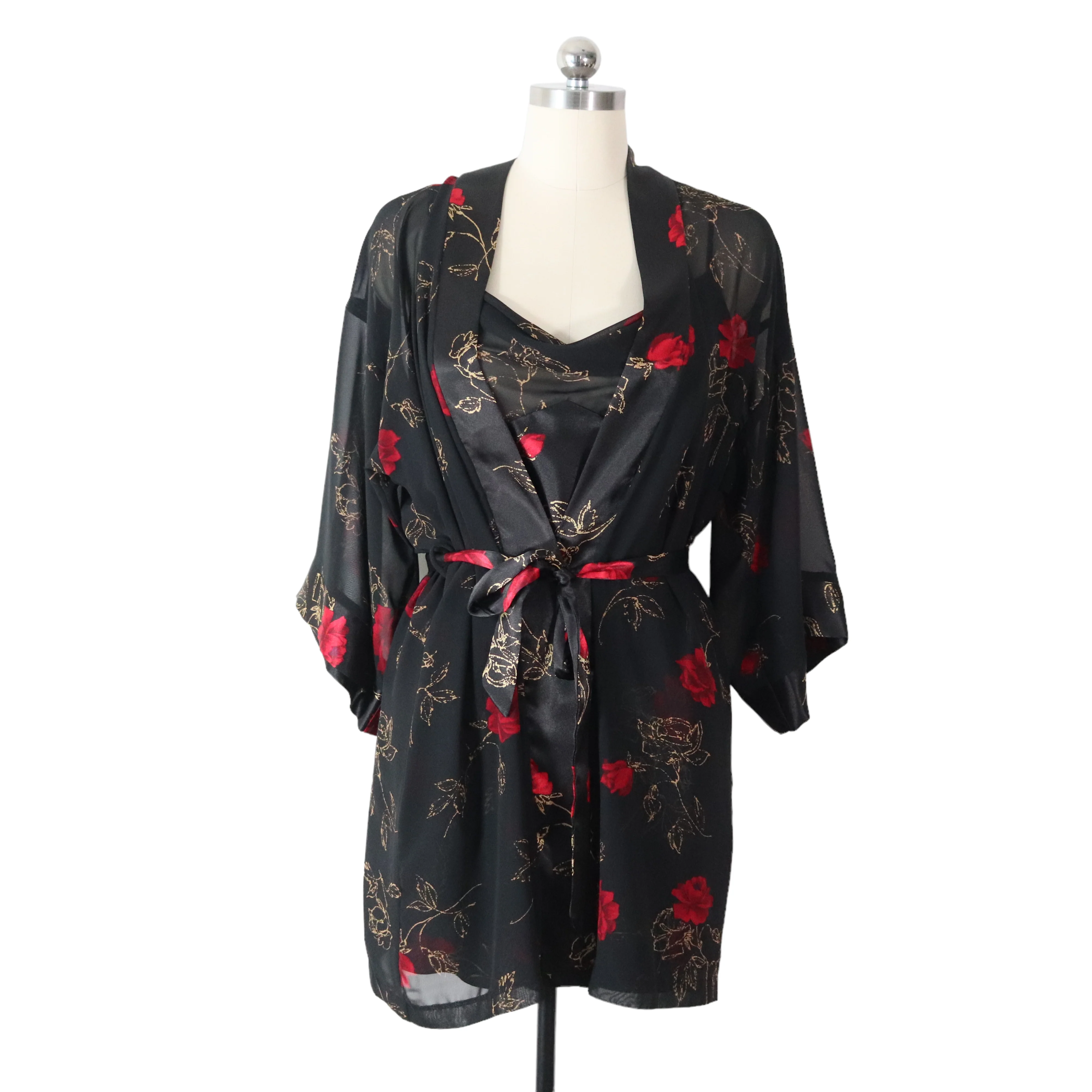 90s Rose Babydoll Chemise Robe Lingerie Set by California Dynasty - Image 3