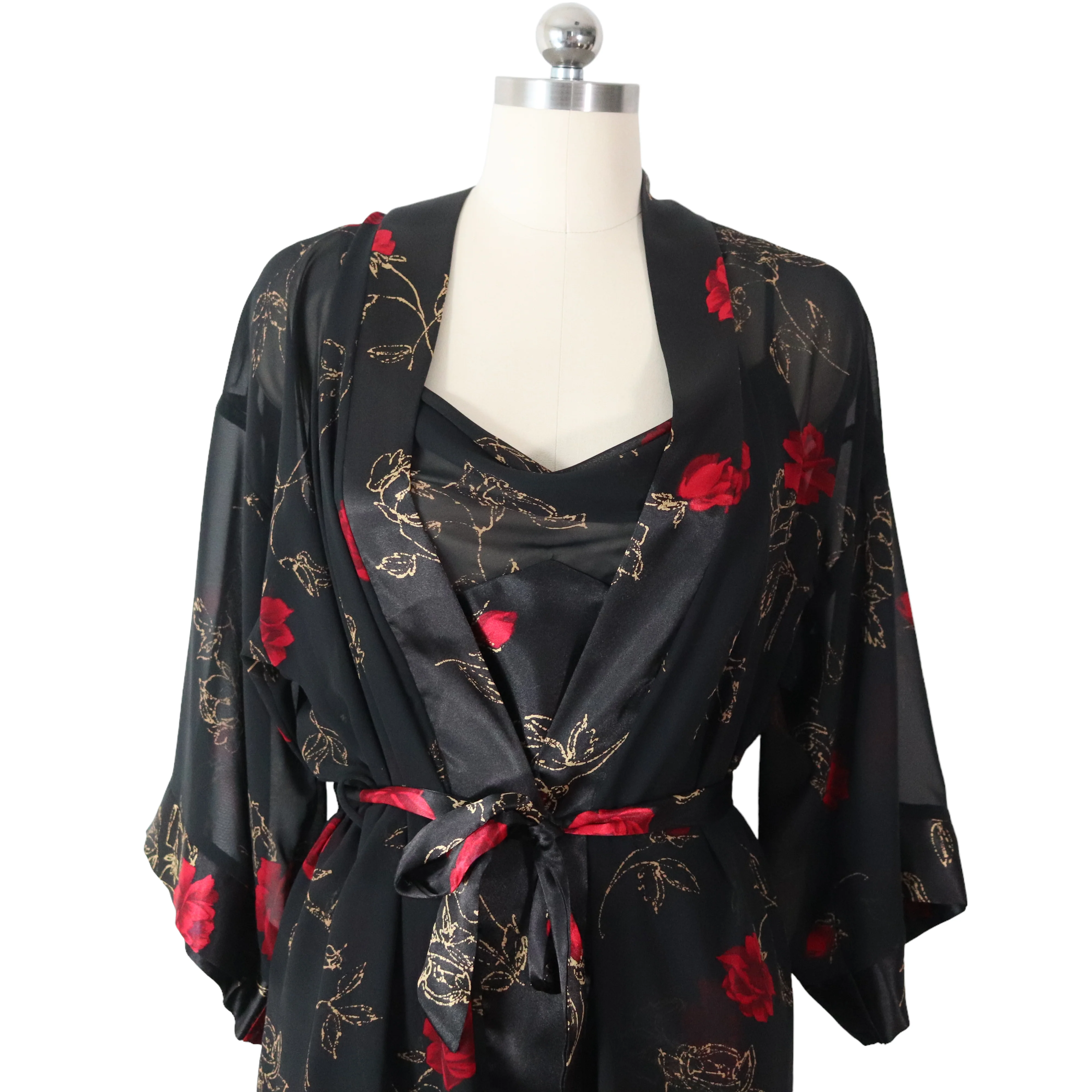 90s Rose Babydoll Chemise Robe Lingerie Set by California Dynasty - Image 4