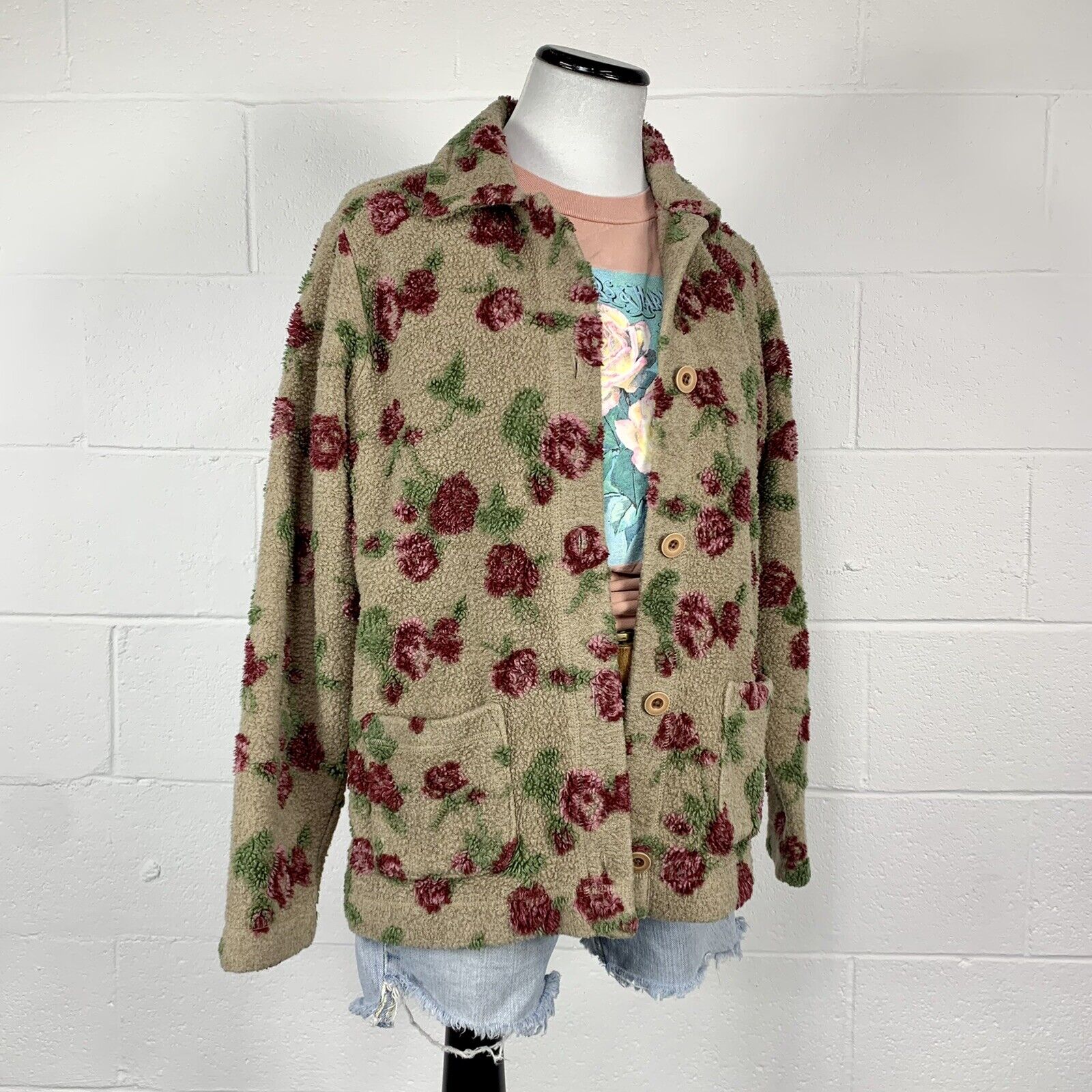 90s Rose Floral Teddy Fleece Workwear Chore Shacket By L.L. Bean - Image 5