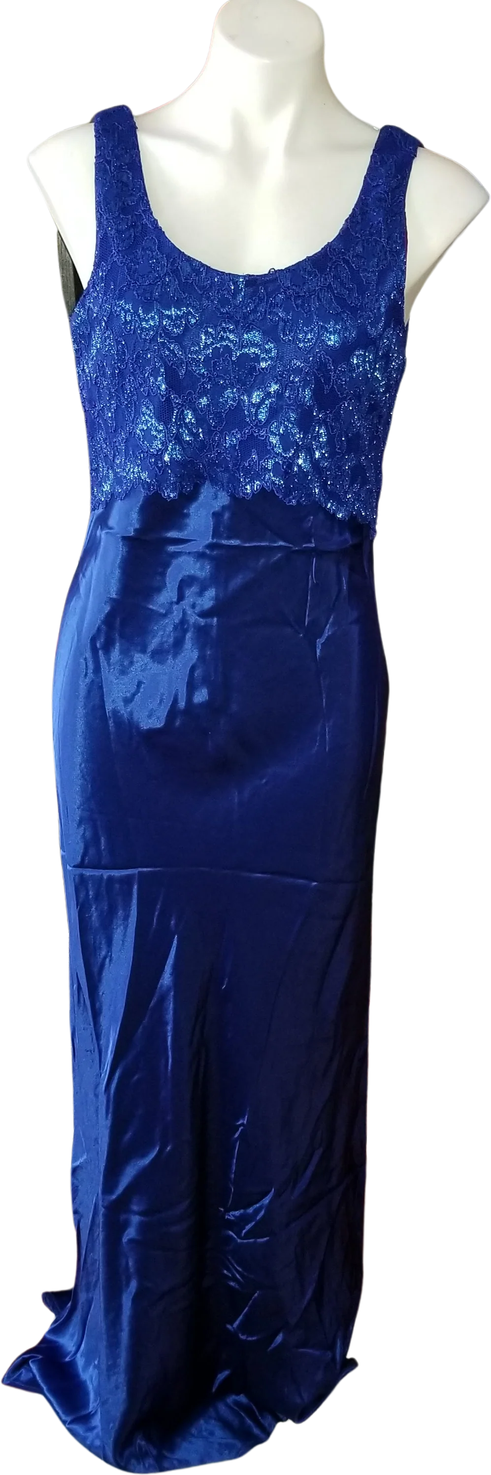 90s Royal Blue Metallic Lace Popover Satin Gown By Roberta