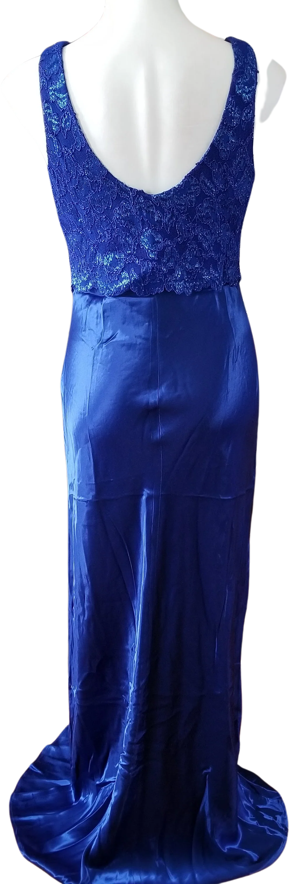 90s Royal Blue Metallic Lace Popover Satin Gown By Roberta - Image 2