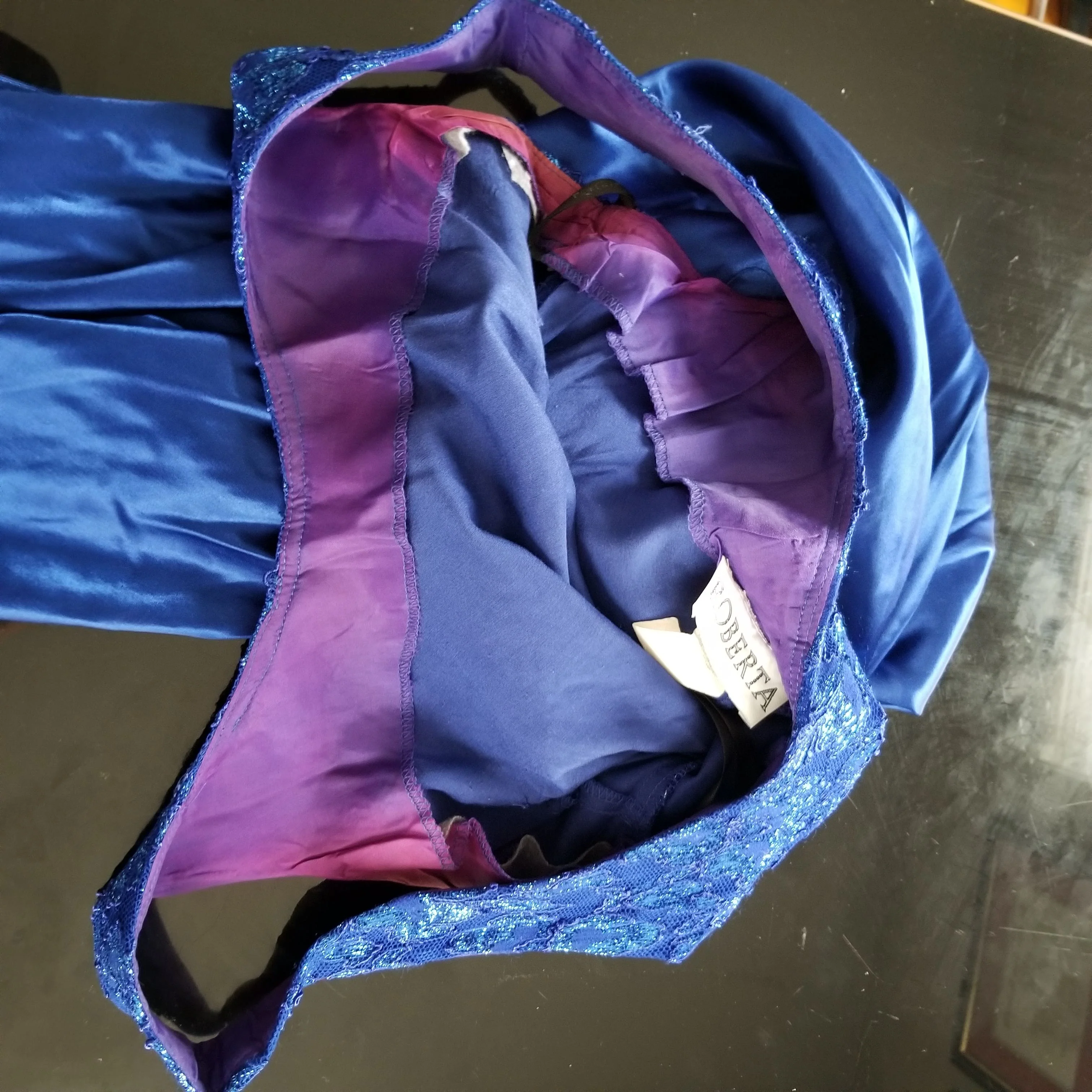 90s Royal Blue Metallic Lace Popover Satin Gown By Roberta - Image 5