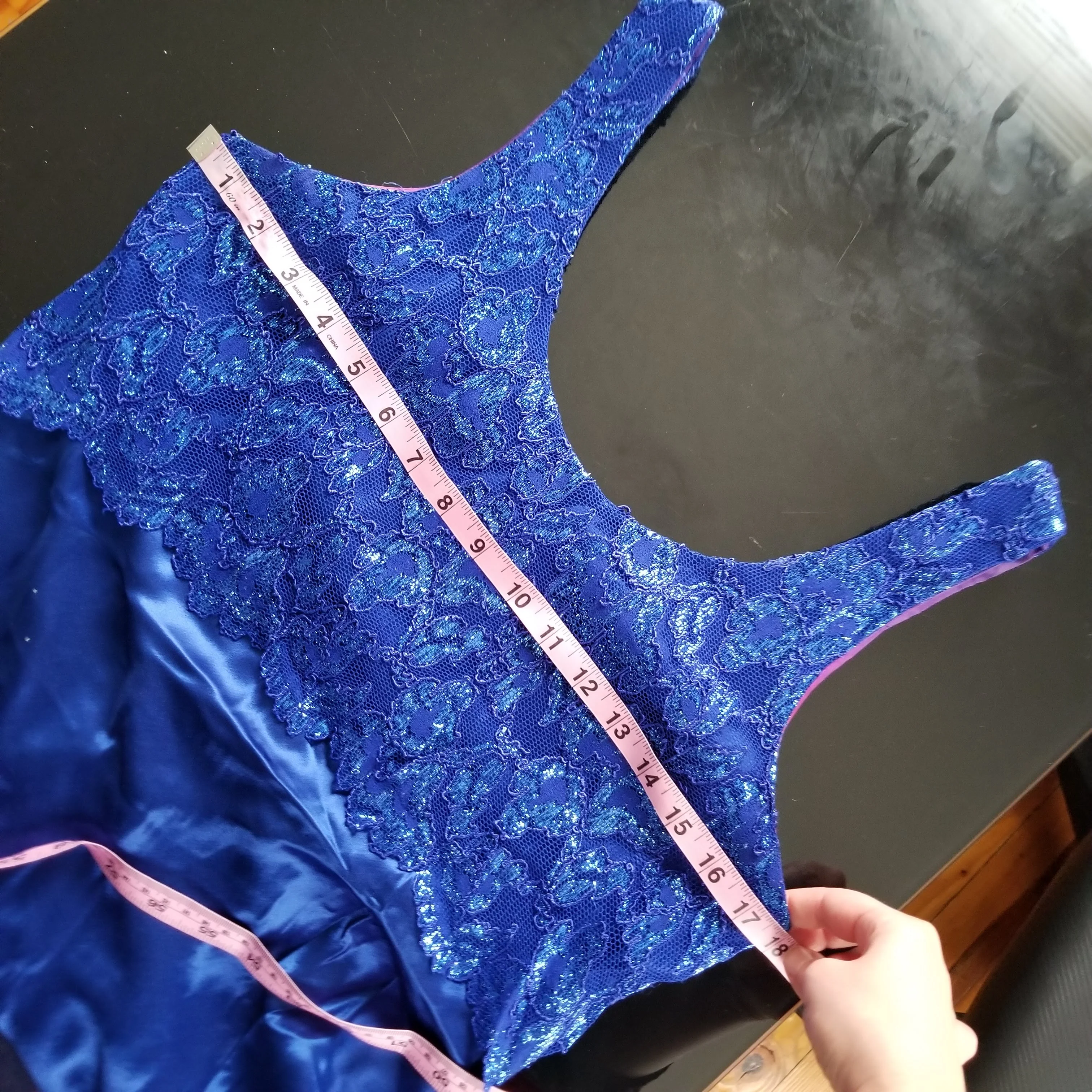 90s Royal Blue Metallic Lace Popover Satin Gown By Roberta - Image 6