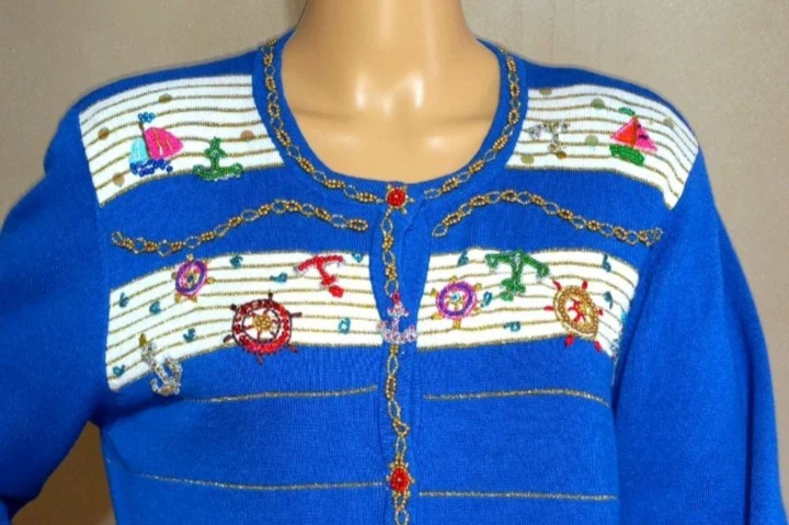 90s Royal Blue Nautical Rayon Cotton Spandex Sweater By Just B - Image 3