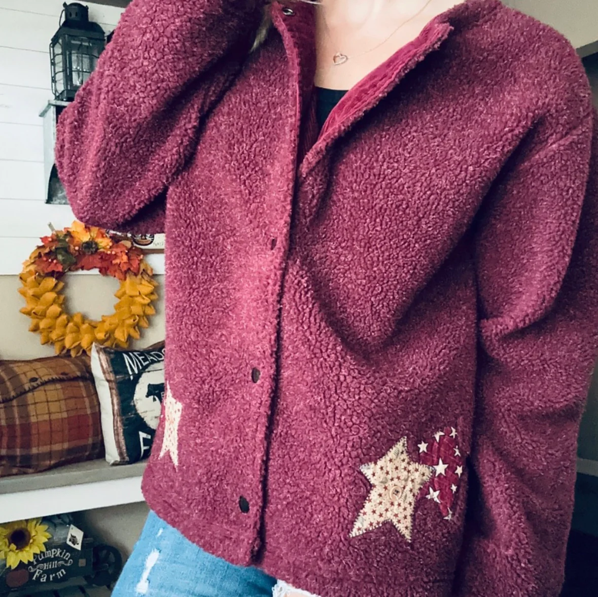 90s Rustic Primitive Stars Sherpa Button Up Shacket By Real Comfort - Image 3