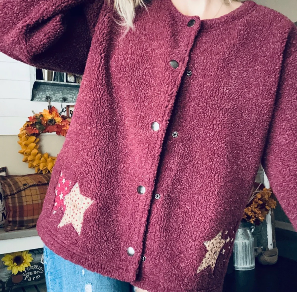 90s Rustic Primitive Stars Sherpa Button Up Shacket By Real Comfort - Image 5