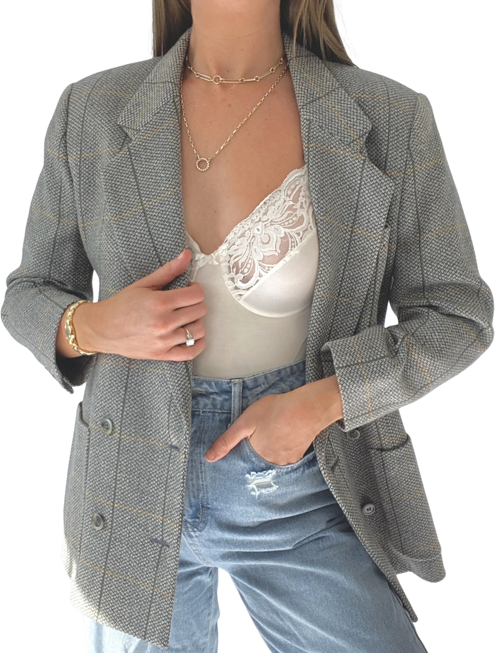 90s Sage And Mustard Essential Plaid Wool Blazer