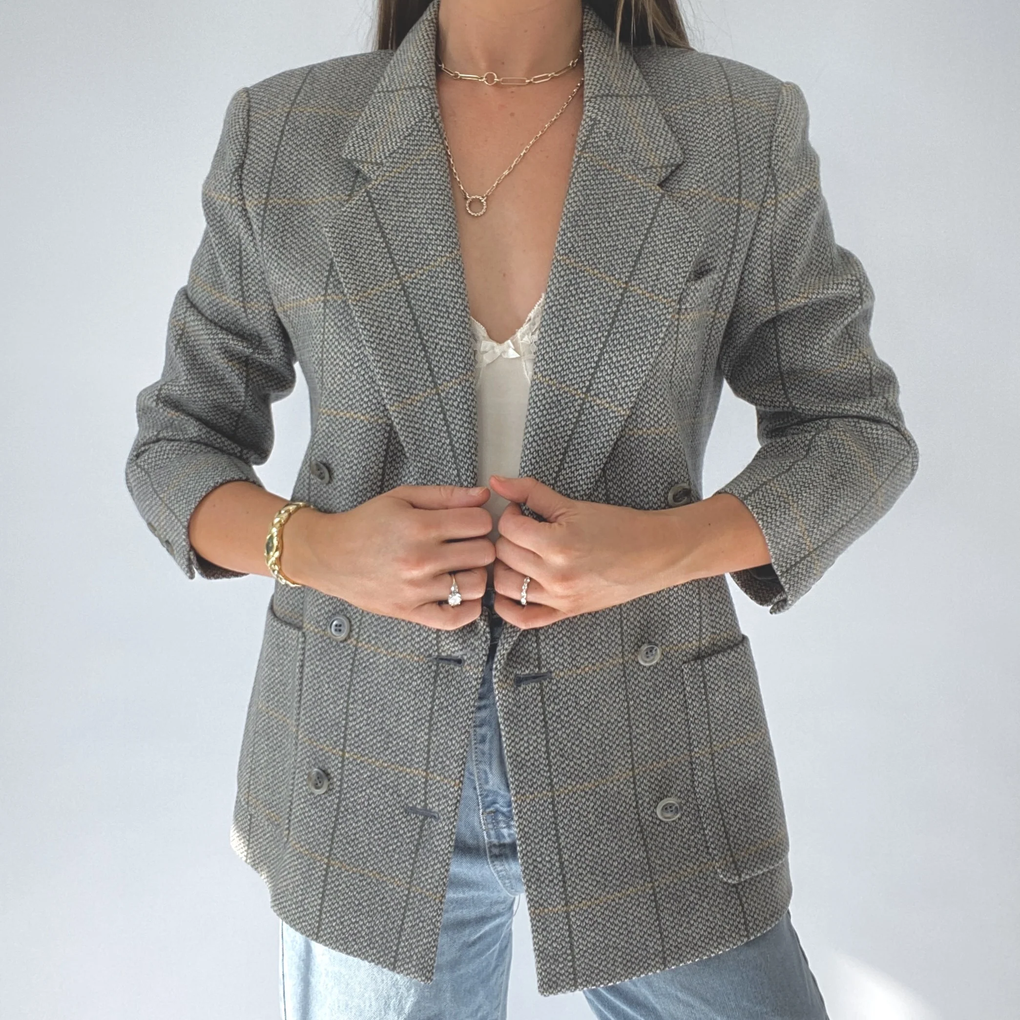 90s Sage And Mustard Essential Plaid Wool Blazer - Image 3