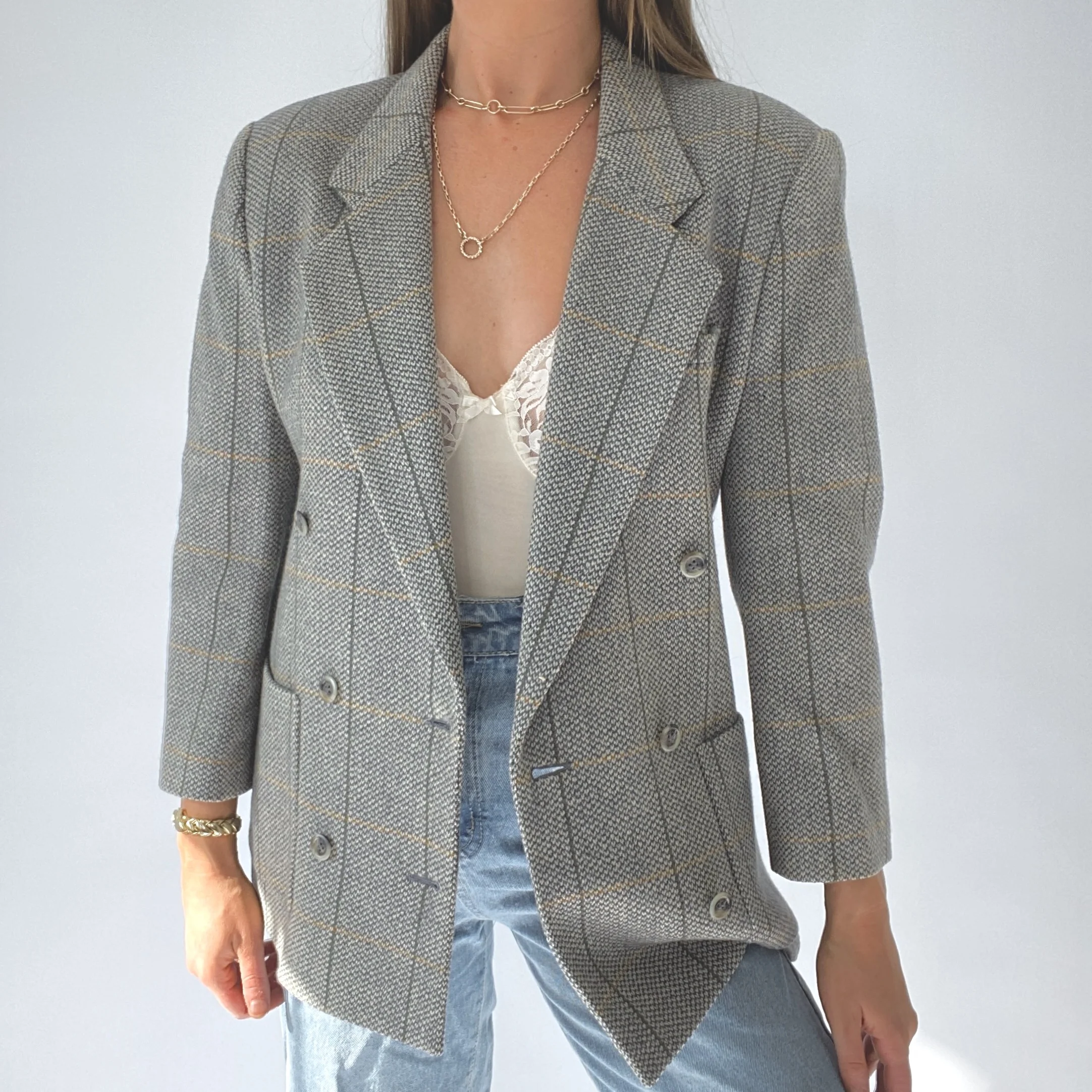 90s Sage And Mustard Essential Plaid Wool Blazer - Image 4