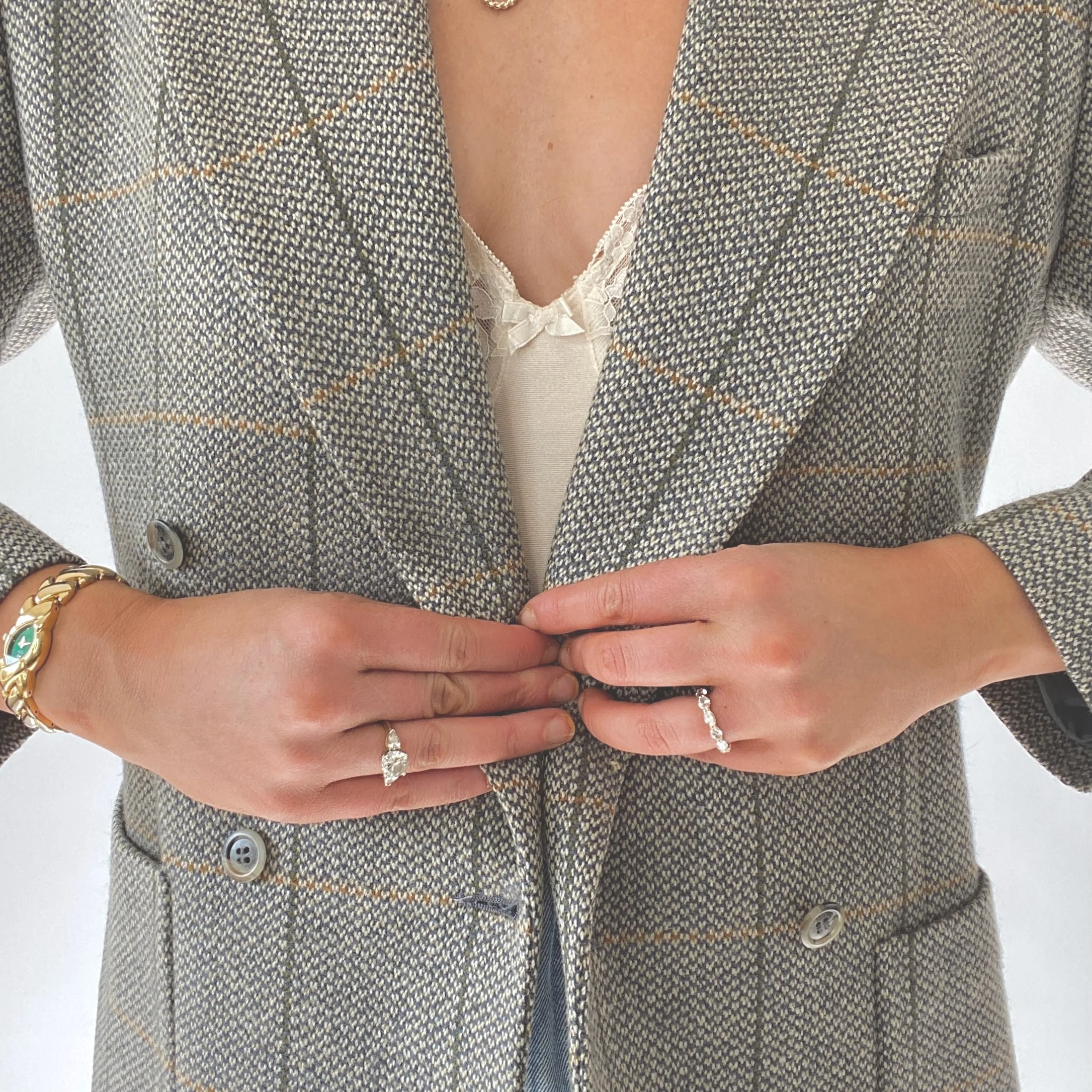 90s Sage And Mustard Essential Plaid Wool Blazer - Image 5