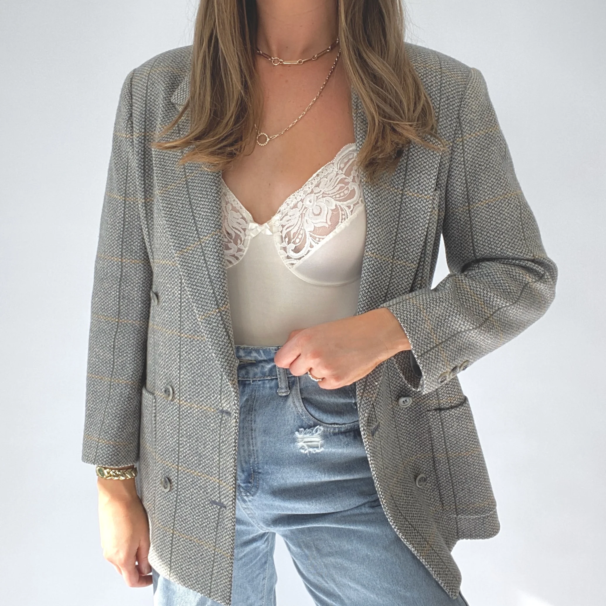90s Sage And Mustard Essential Plaid Wool Blazer - Image 6