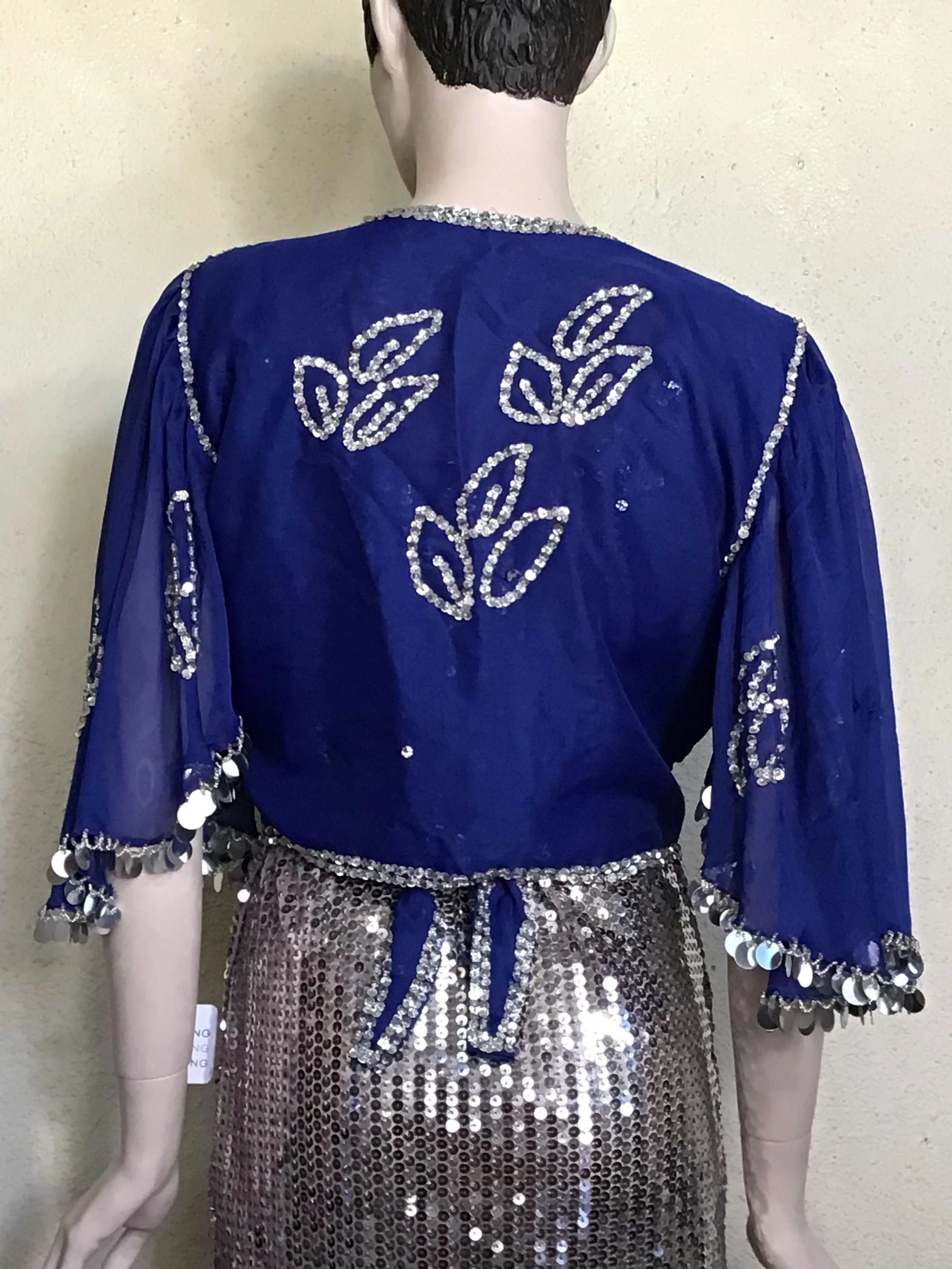 90s Sheer Blue Silver Sequin Tie Wrap Blouse Cover Up - Image 3