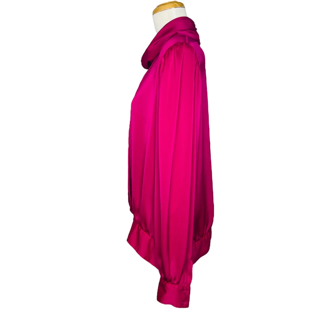 90s Silk Blouse Cowl Neck Dolman Sleeves Hot Pink 14 by Liz Claiborne Collection - Image 4