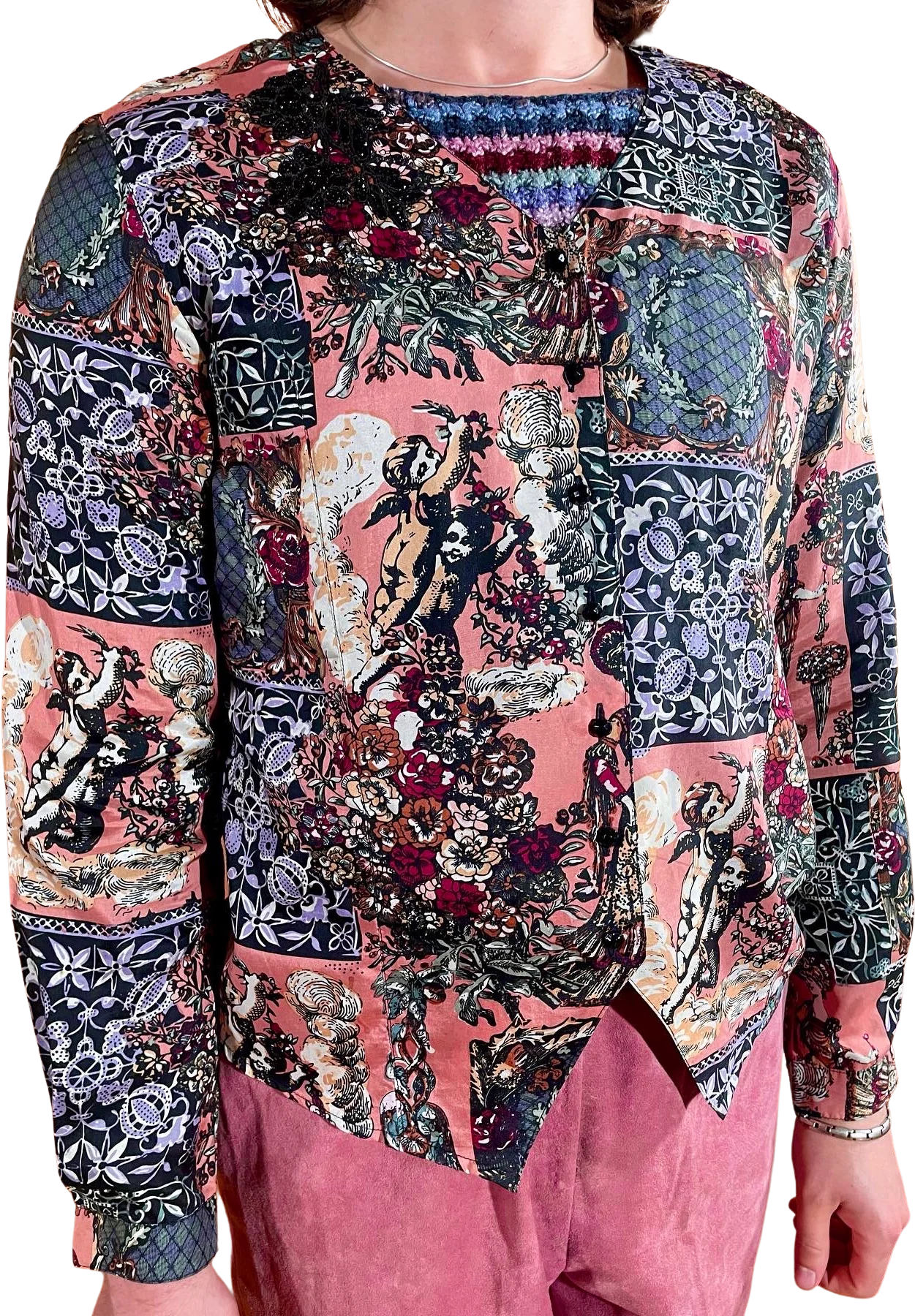 90s Victoriana Cherub And Rose Beaded Silk Blazer