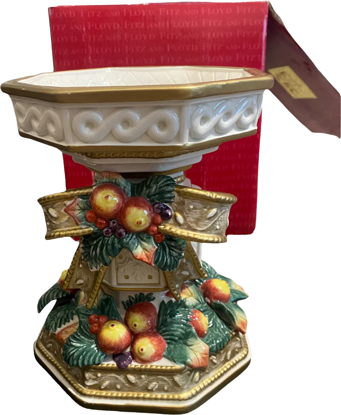 90s Snowy Woods Holiday Pillar Candle Holder Box 7” By Fitz and Floyd