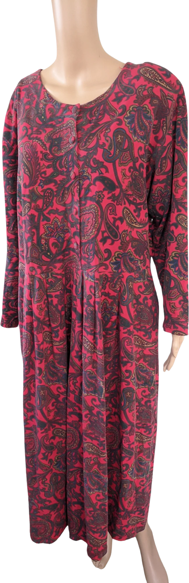 90s Soft Red Paisley Print Teacher Dress Long Pockets By Koret