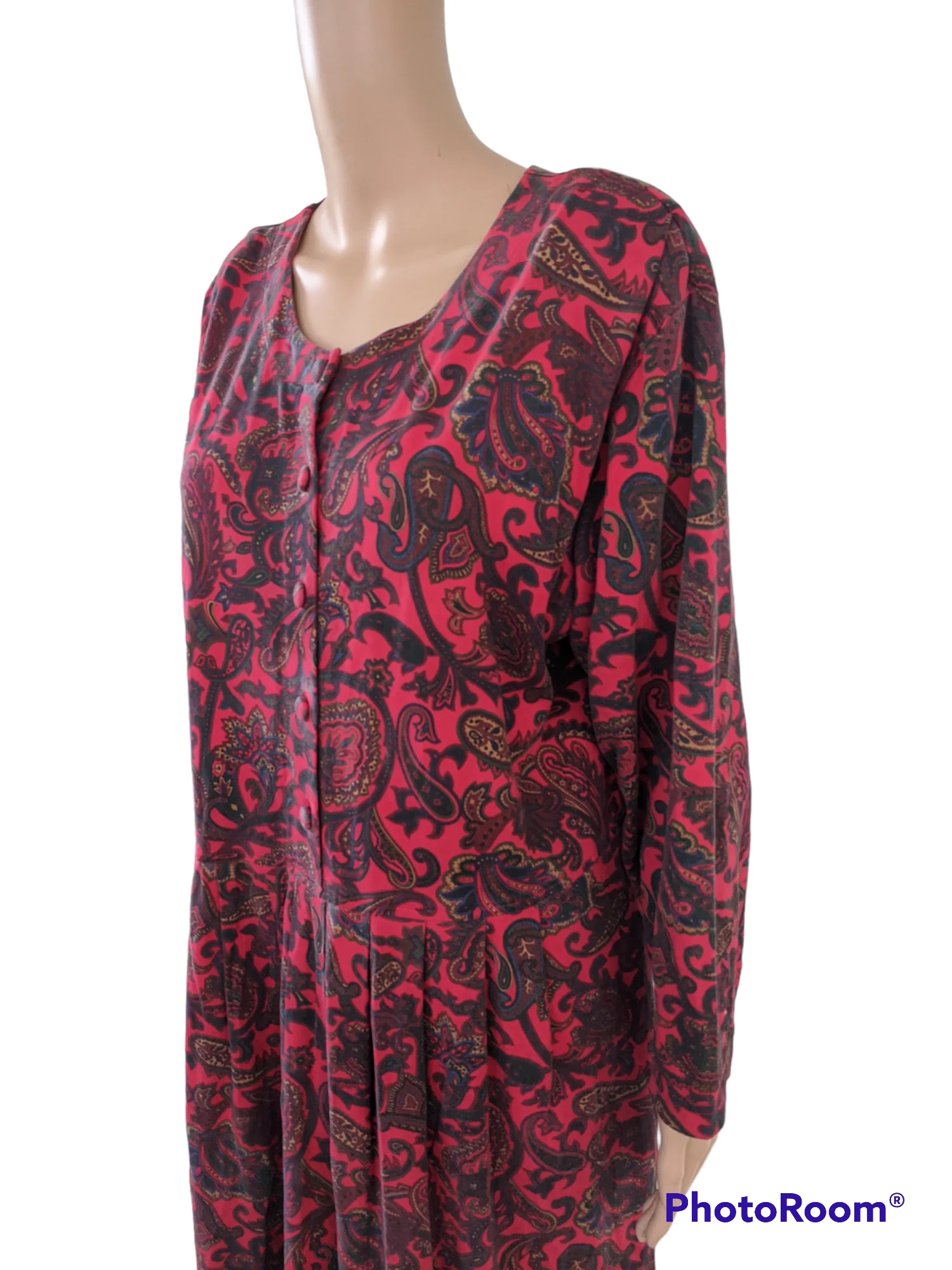 90s Soft Red Paisley Print Teacher Dress Long Pockets By Koret - Image 3