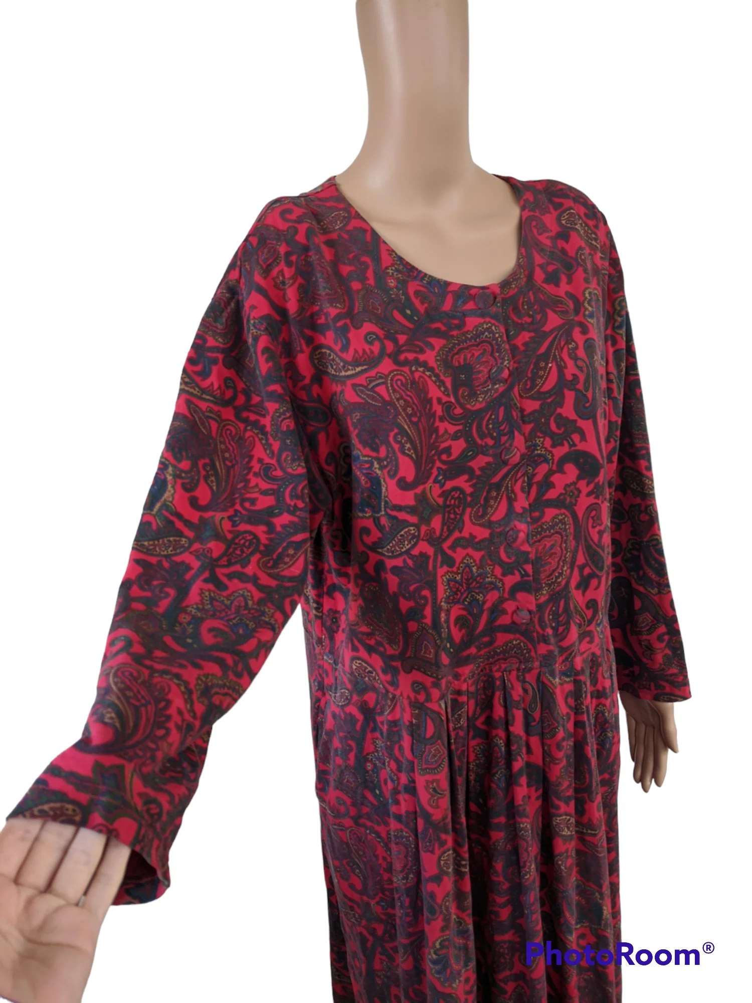 90s Soft Red Paisley Print Teacher Dress Long Pockets By Koret - Image 4