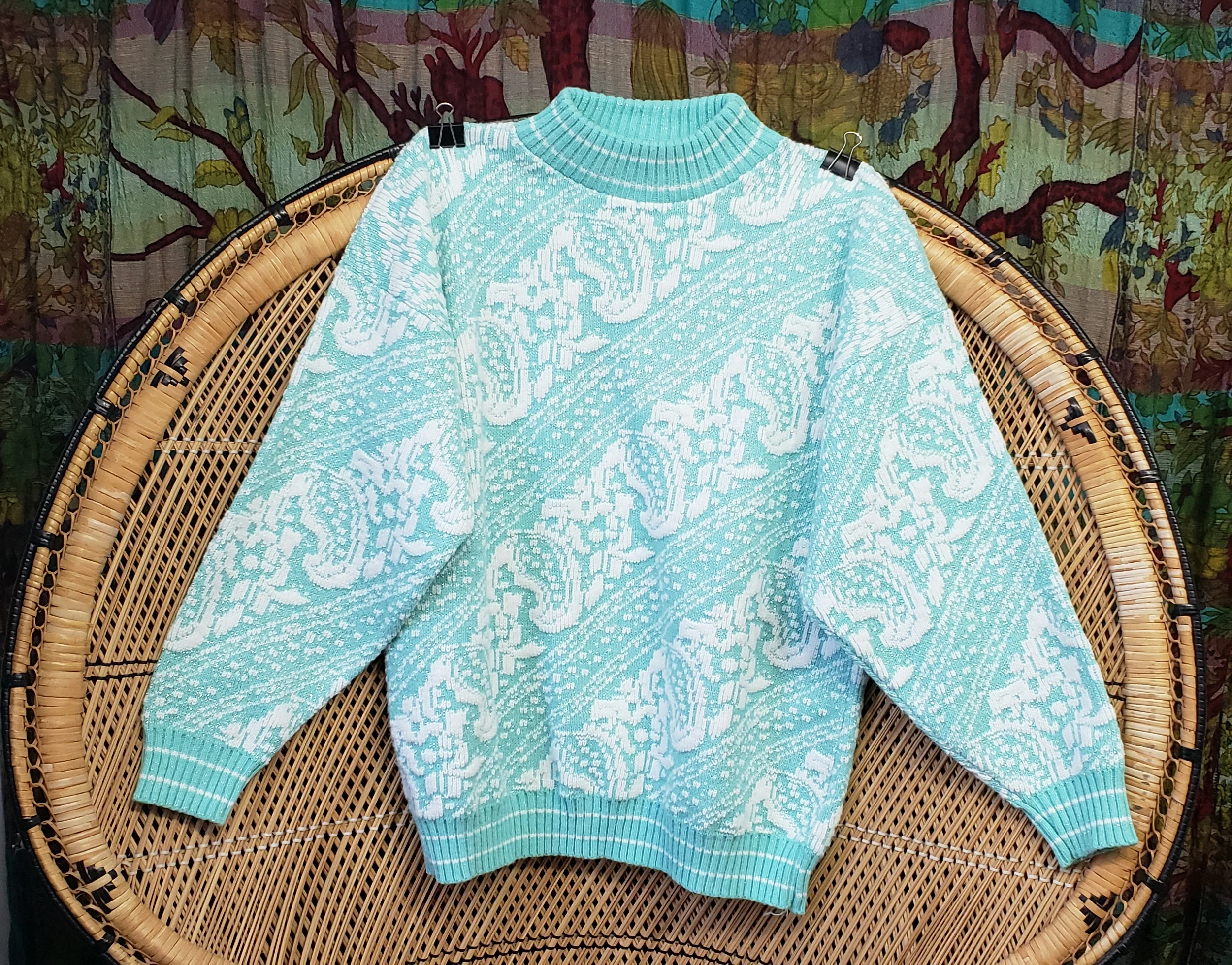 90s Sparkly Mint Green And White Sweater By Honors - Image 3