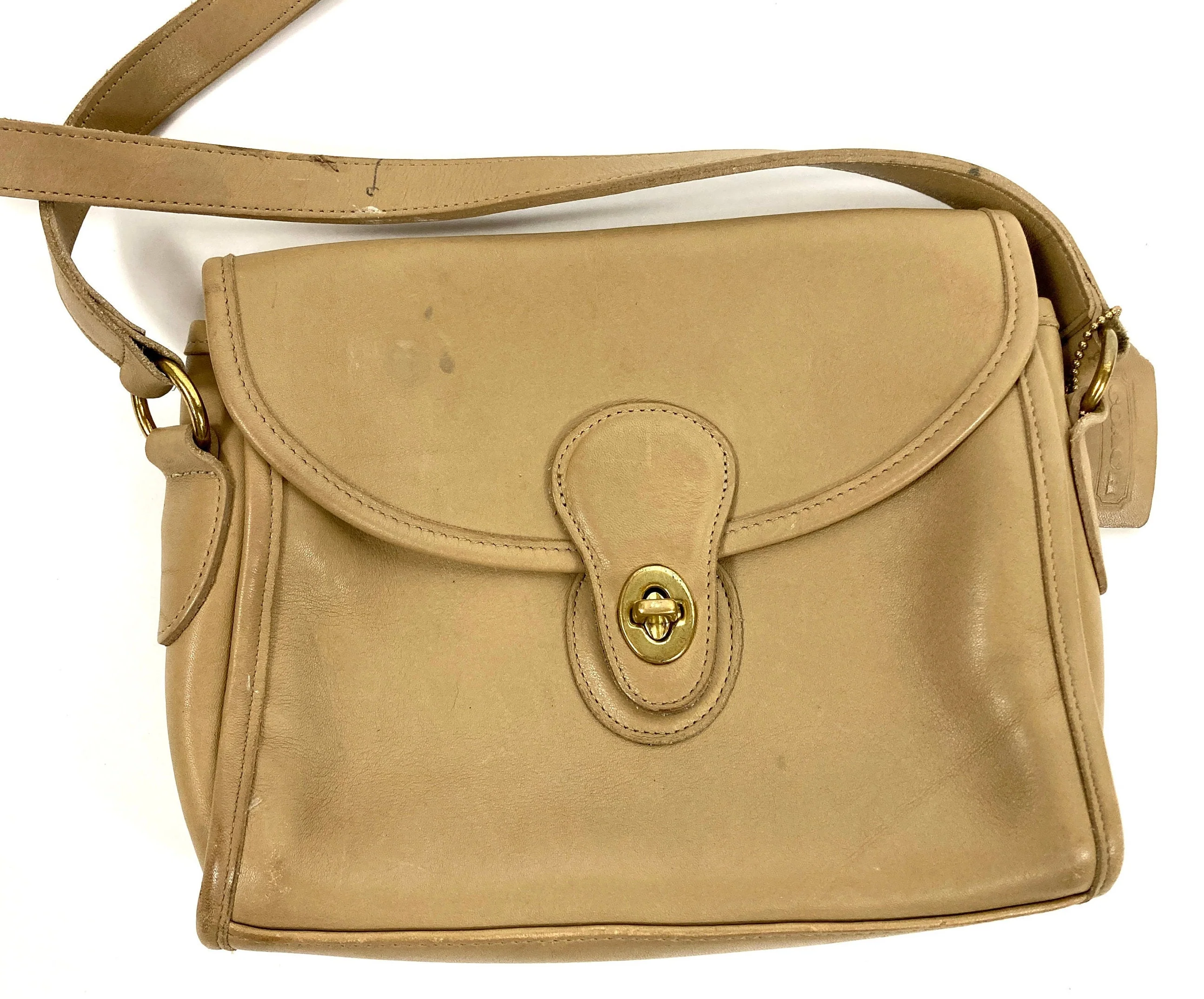 90s Tan Coach Crossbody Bag Distressed Devon 9908 Coach Leather Flap Messenger Purse Coach Saddle Bag Vintage Brass Bag by Coach - Image 5