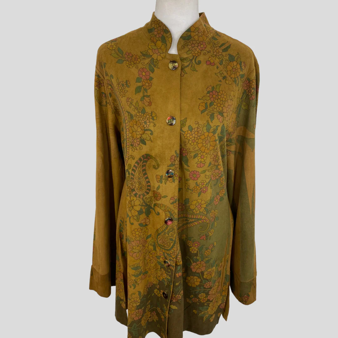 90s Tan Faux Ultra Suede Multicolor Floral Belted Coat By Fantazia - Image 3