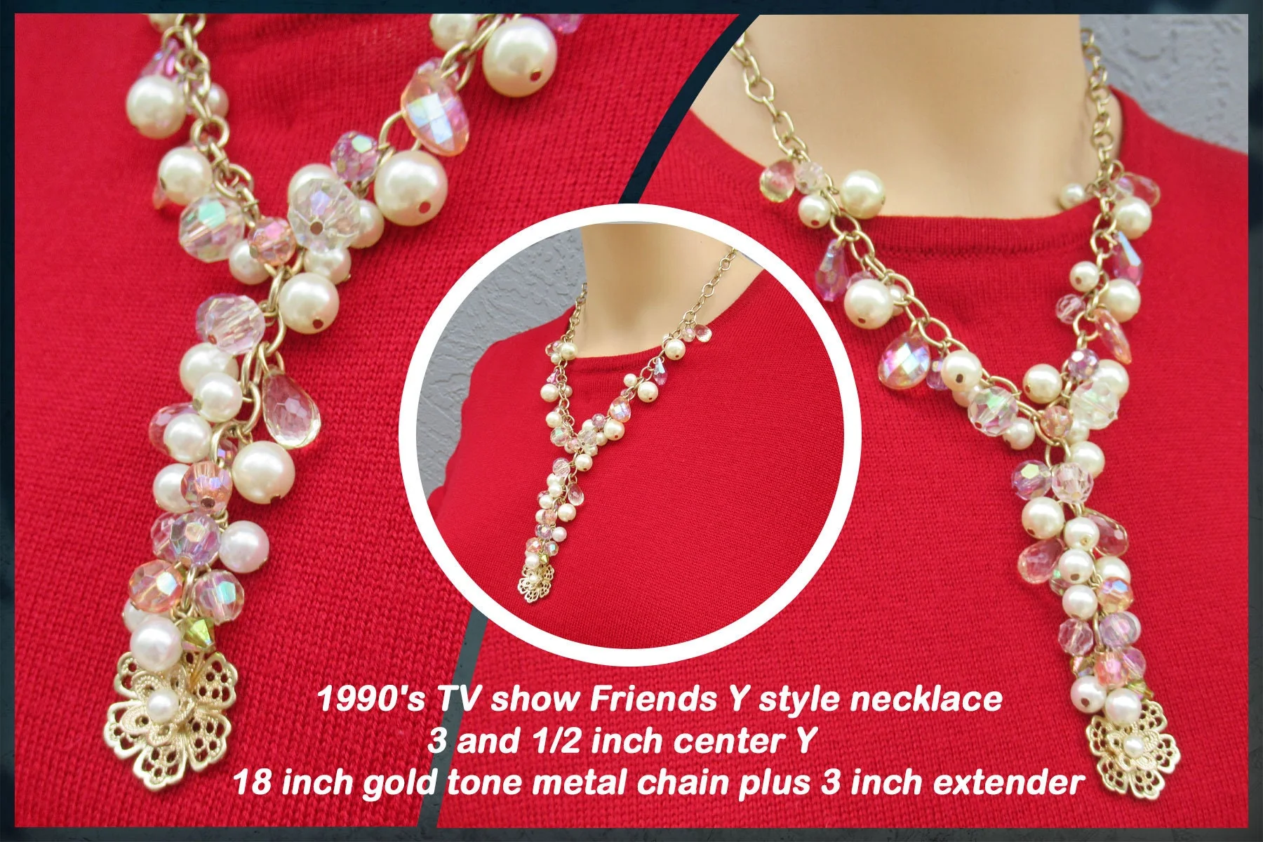 90s Tv Show Friends Y Style Necklace 3 and 1/2 Inch Center Y 18 Inch Gold Tone Metal Chain Plus 3 Inch Extender Faux Pearls and Beads - Image 2