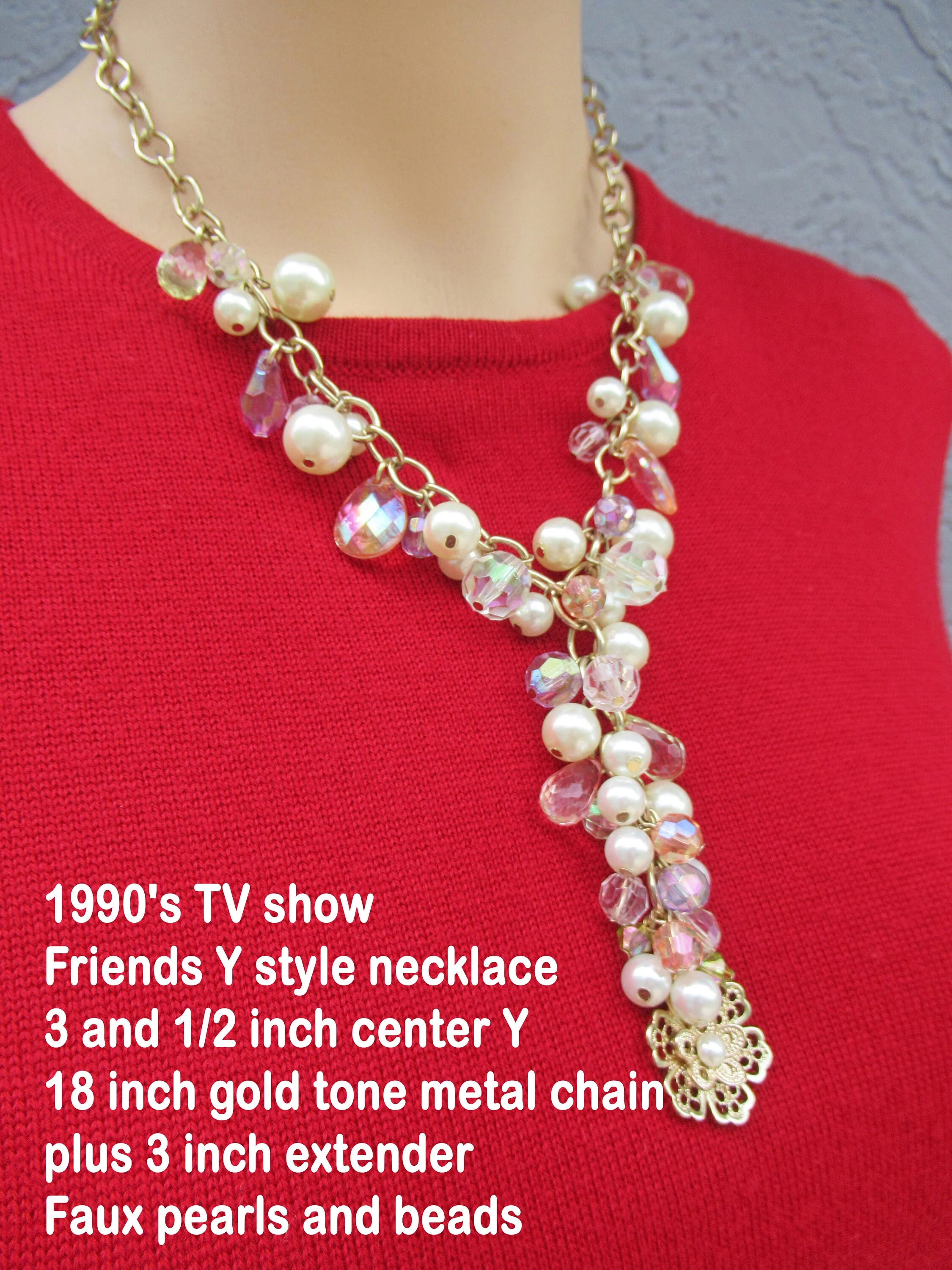 90s Tv Show Friends Y Style Necklace 3 and 1/2 Inch Center Y 18 Inch Gold Tone Metal Chain Plus 3 Inch Extender Faux Pearls and Beads - Image 3