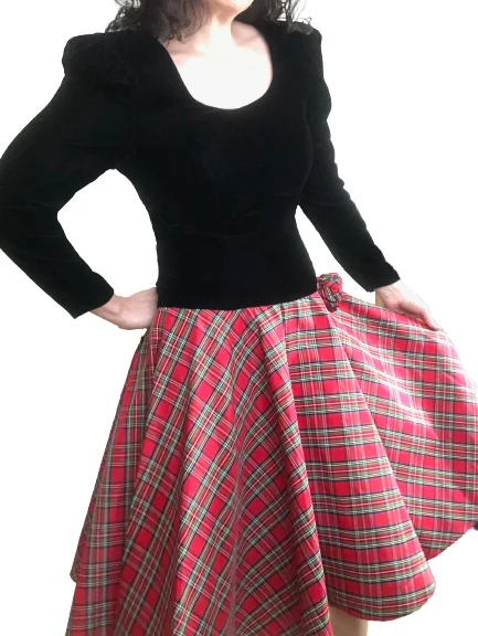 90s Velvet And Plaid Puff Sleeve Christmas Party Dress By Leslie Fay Evenings - Image 11