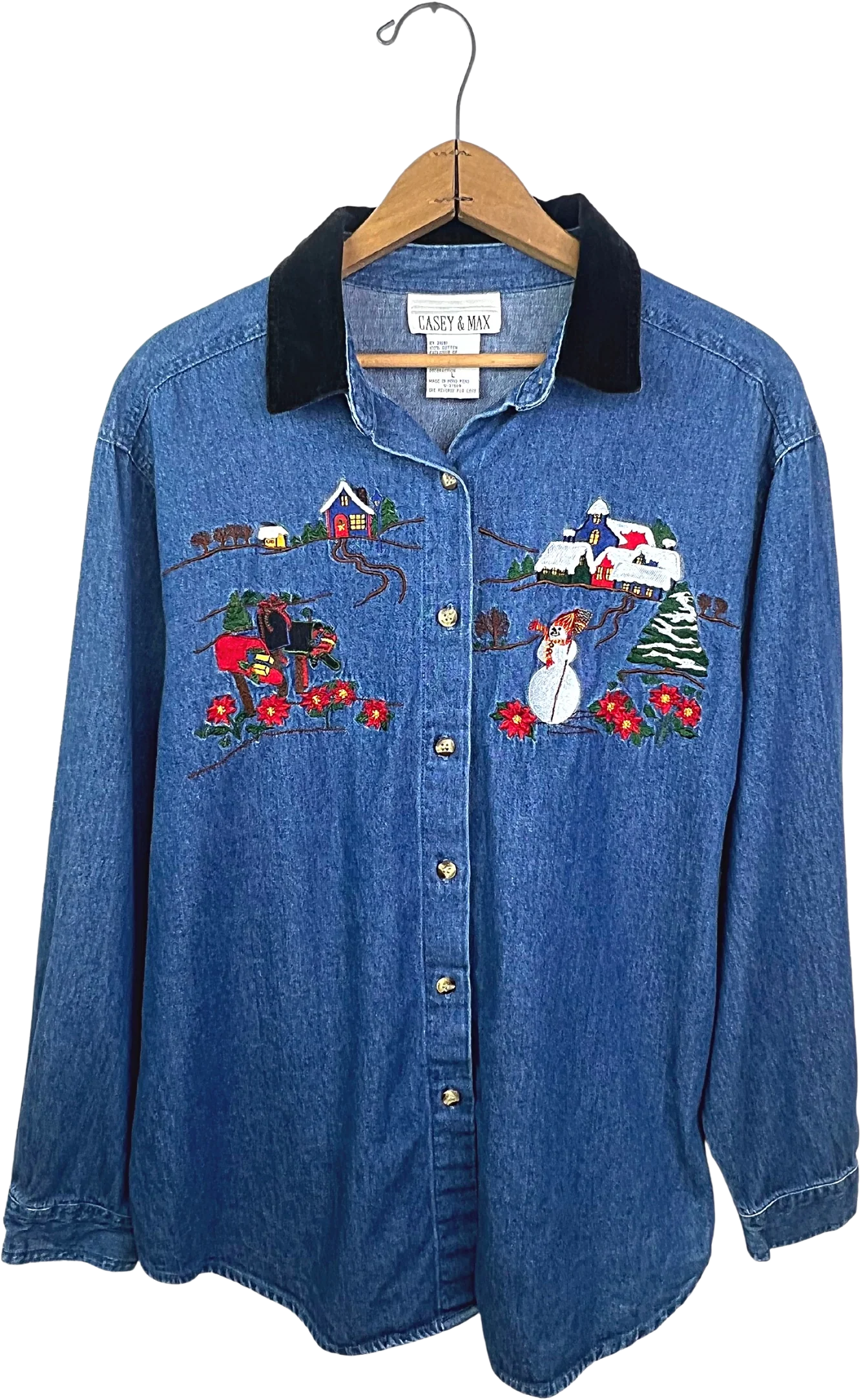 90s Velvet Collar Holiday Winter Wonderland Denim Top By Casey & Max